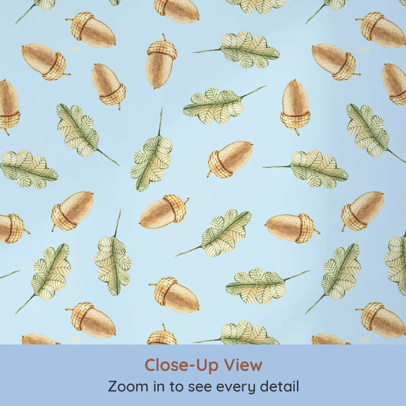 Close-up view of Whimsy Tots' Acorn Meadow Whimsy Wallpaper in Blue (W3253E).Twirling acorns and leafy greens bring forest calm to every corner.