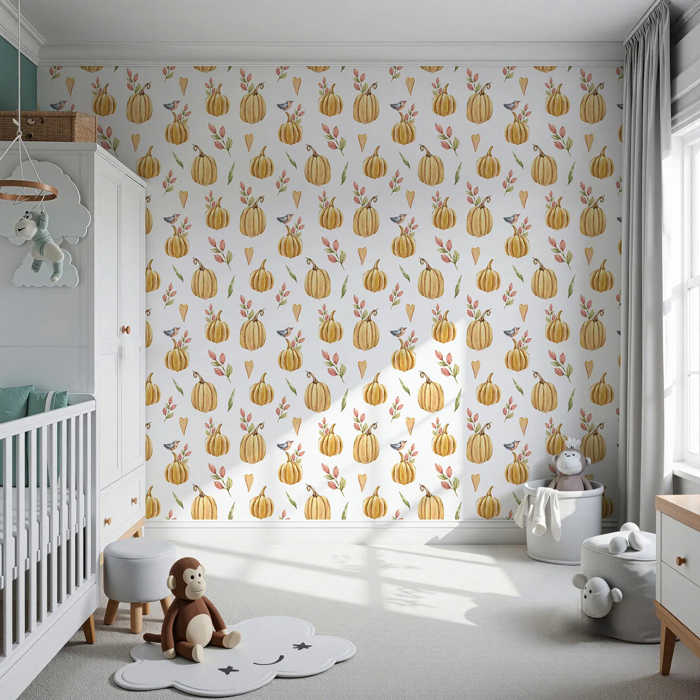 Front view of Whimsy Tots' Pumpkin Patch Whimsy Wallpaper in White