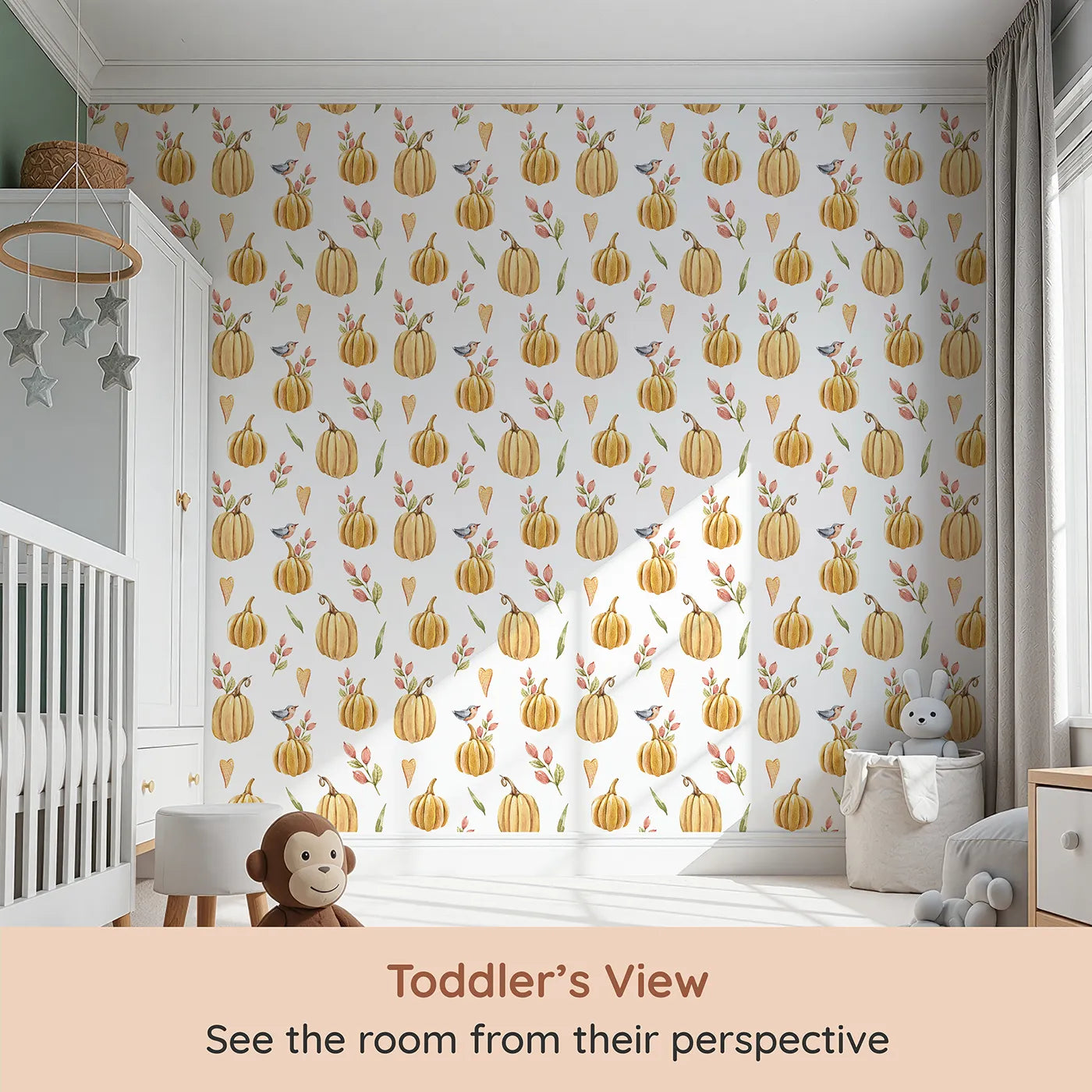 Whimsy Tots Pumpkin Patch Whimsy Wallpaper in White (W3254A) from your child's view.Golden pumpkins, tiny birds, and heart leaves brighten every fall morning.