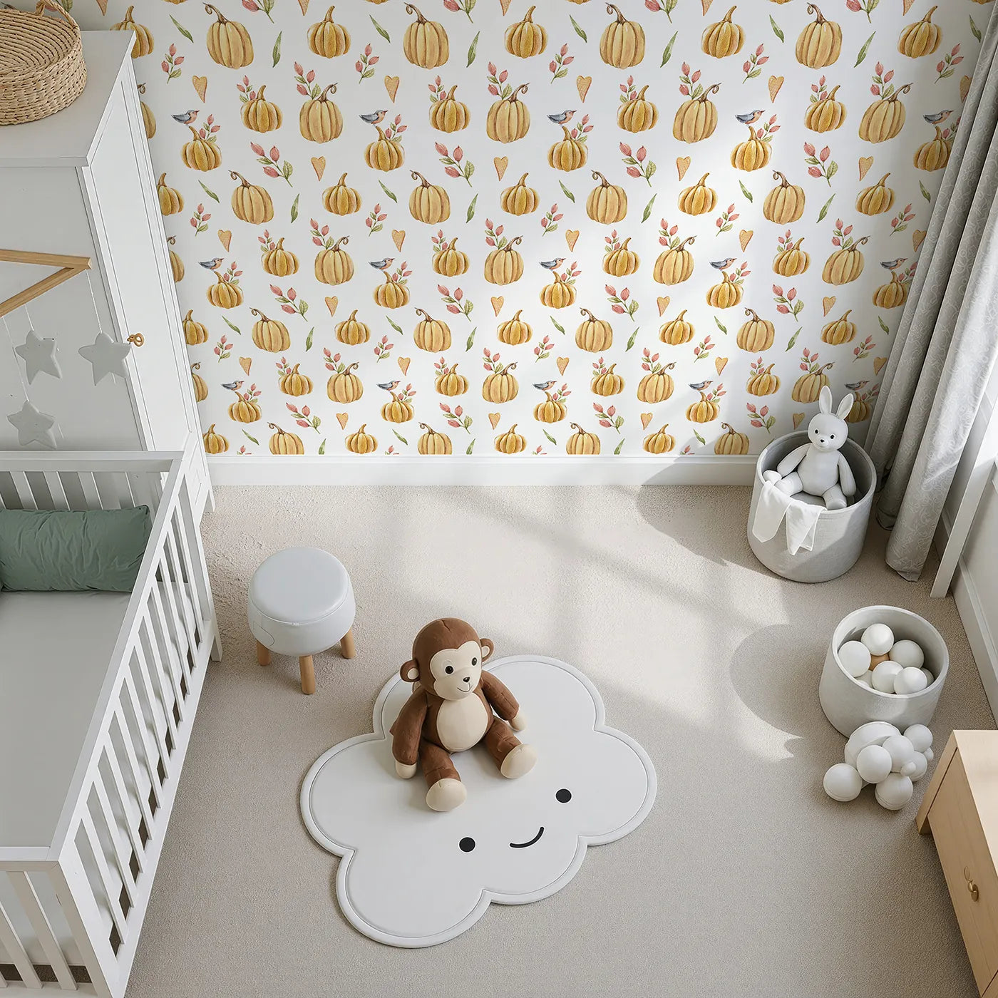 Top-Down view of Whimsy Tots' Pumpkin Patch Whimsy Wallpaper in White (W3254A).Golden pumpkins, tiny birds, and heart leaves brighten every fall morning.