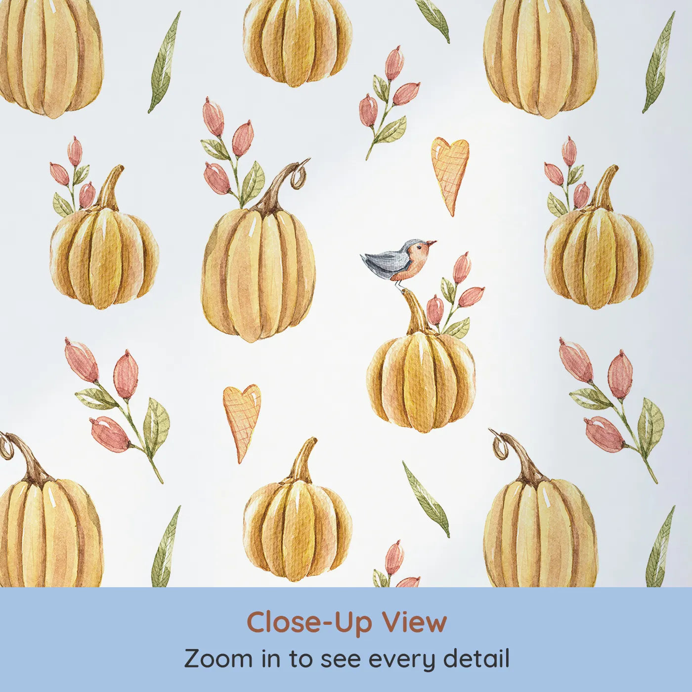 Close-up view of Whimsy Tots' Pumpkin Patch Whimsy Wallpaper in White (W3254A).Golden pumpkins, tiny birds, and heart leaves brighten every fall morning.