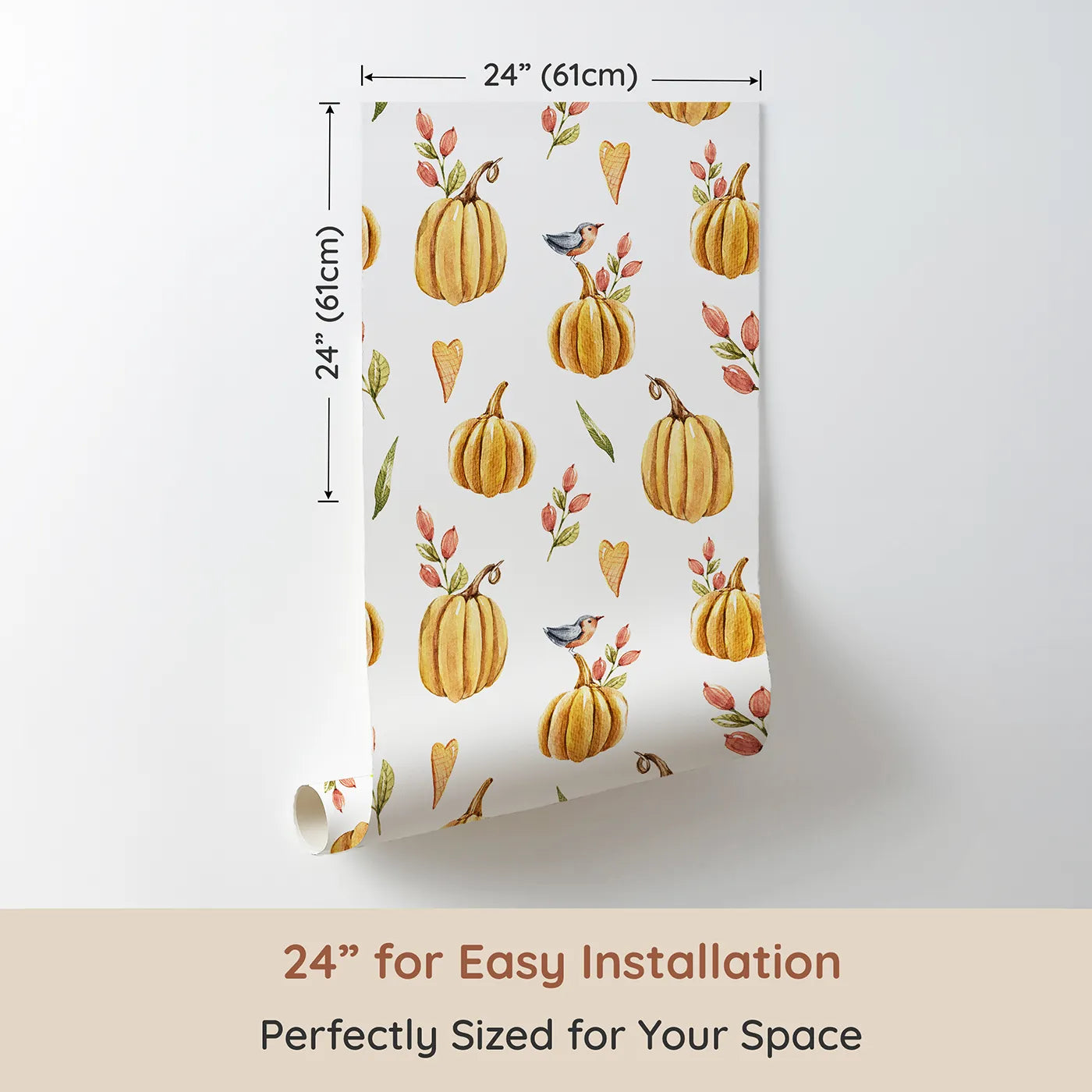 Dimension view of Whimsy Tots Pumpkin Patch Whimsy Wallpaper in White (W3254A). Printed in 24-inch-wide panel for easy installation. Golden pumpkins, tiny birds, and heart leaves brighten every fall morning.