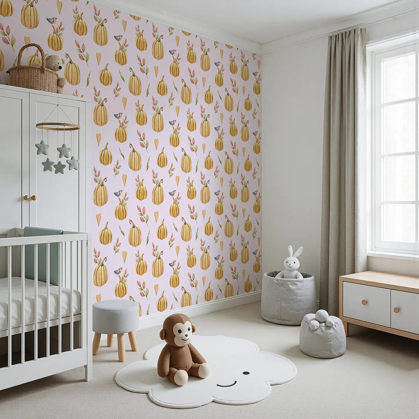 Angled view of Whimsy Tots' Pumpkin Patch Whimsy Wallpaper in Blush Pink (W3254B).Golden pumpkins, tiny birds, and heart leaves brighten every fall morning.
