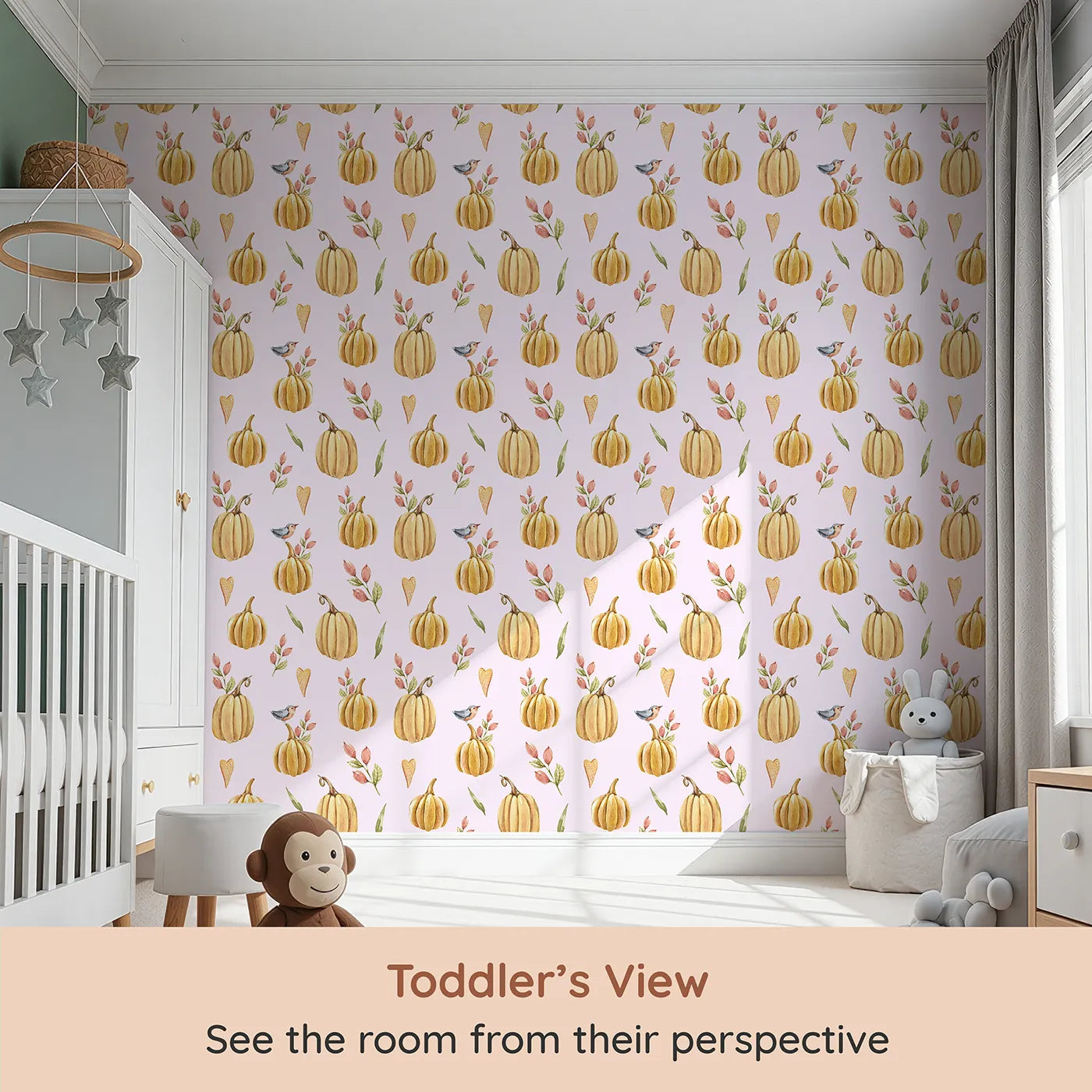 Whimsy Tots Pumpkin Patch Whimsy Wallpaper in Blush Pink (W3254B) from your child's view.Golden pumpkins, tiny birds, and heart leaves brighten every fall morning.