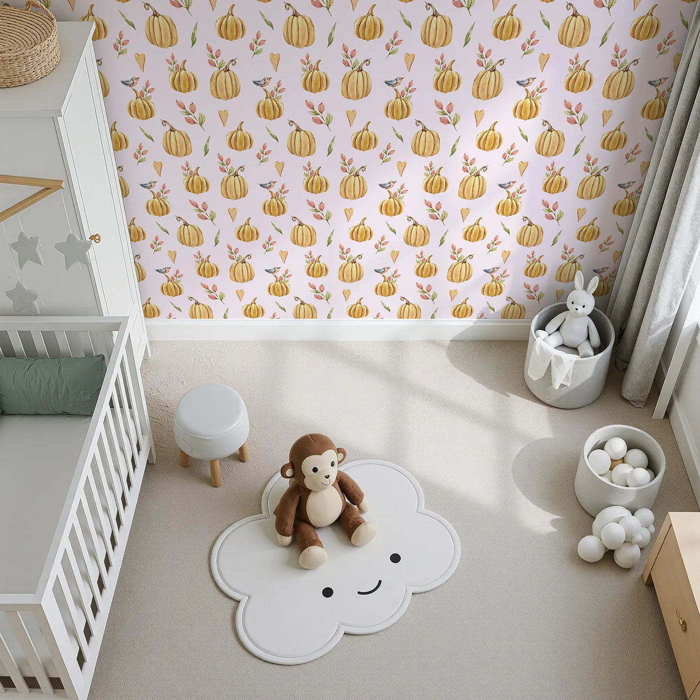 Top-Down view of Whimsy Tots' Pumpkin Patch Whimsy Wallpaper in Blush Pink (W3254B).Golden pumpkins, tiny birds, and heart leaves brighten every fall morning.