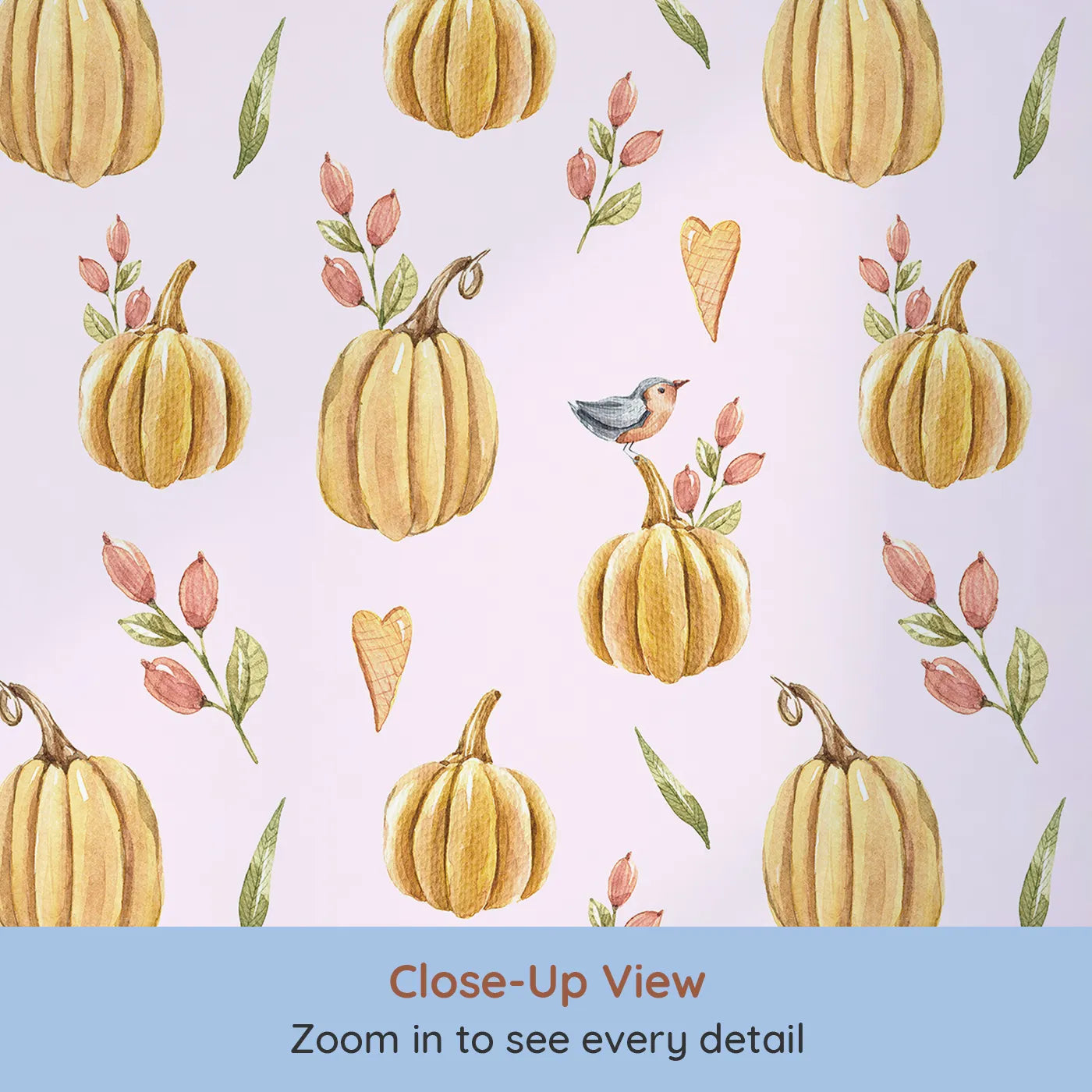 Close-up view of Whimsy Tots' Pumpkin Patch Whimsy Wallpaper in Blush Pink (W3254B).Golden pumpkins, tiny birds, and heart leaves brighten every fall morning.