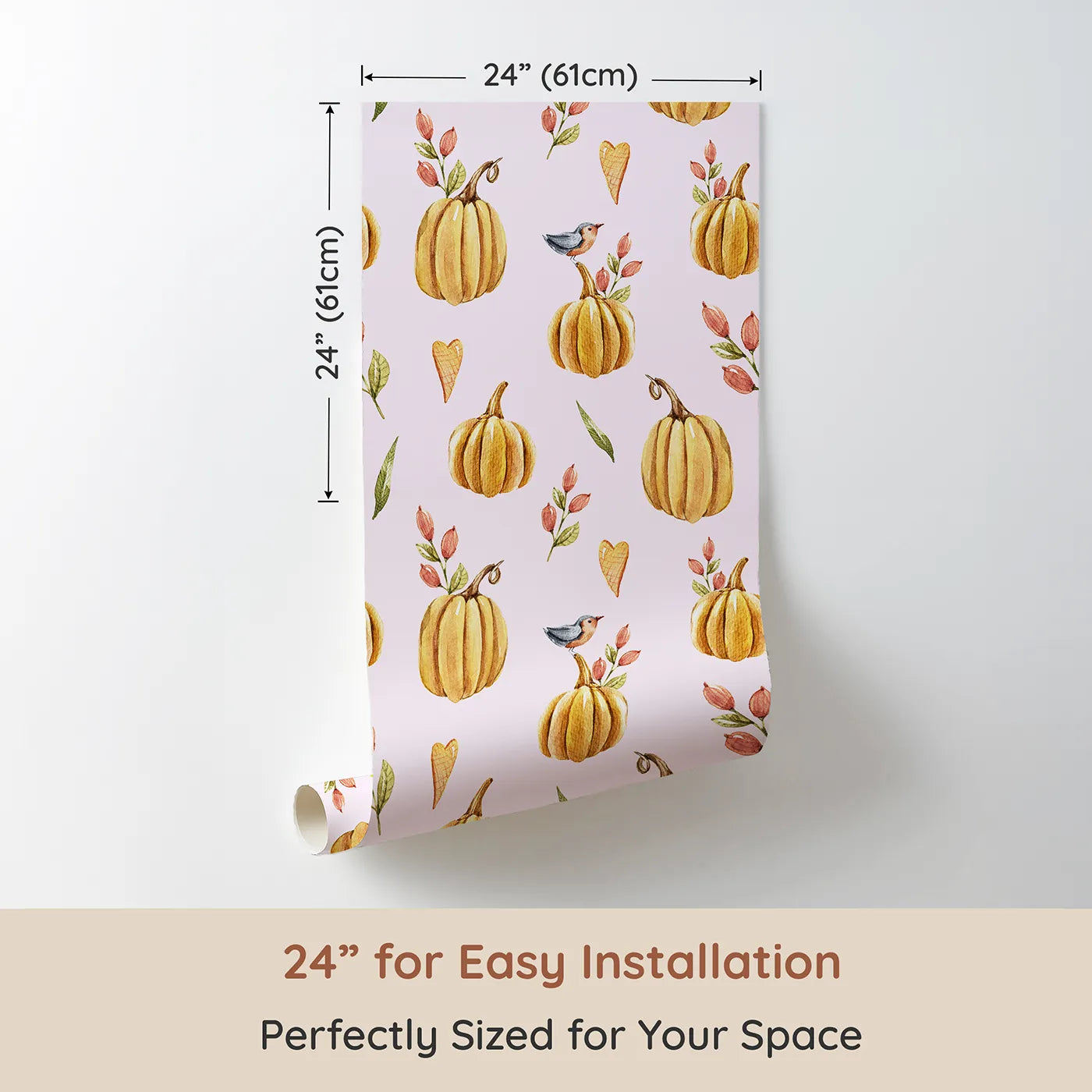Dimension view of Whimsy Tots Pumpkin Patch Whimsy Wallpaper in Blush Pink (W3254B). Printed in 24-inch-wide panel for easy installation. Golden pumpkins, tiny birds, and heart leaves brighten every fall morning.