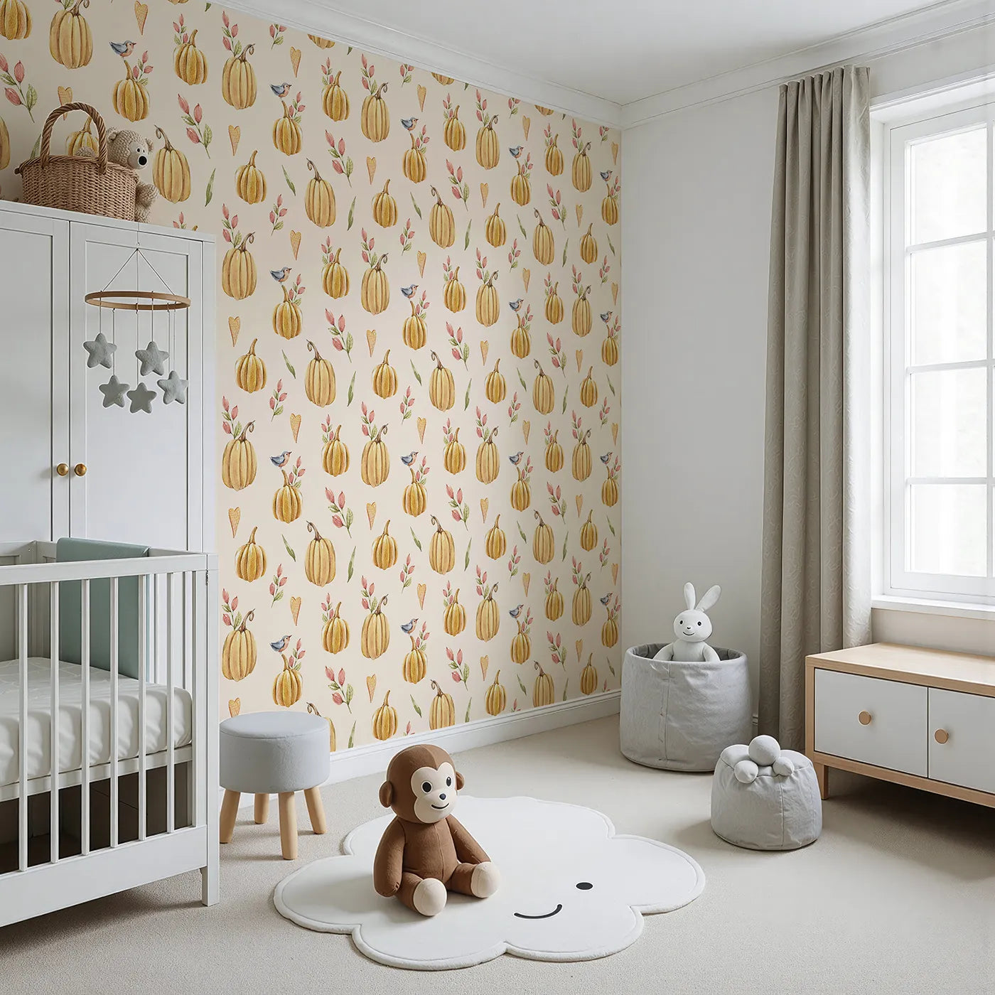 Angled view of Whimsy Tots' Pumpkin Patch Whimsy Wallpaper in Cream (W3254C).Golden pumpkins, tiny birds, and heart leaves brighten every fall morning.