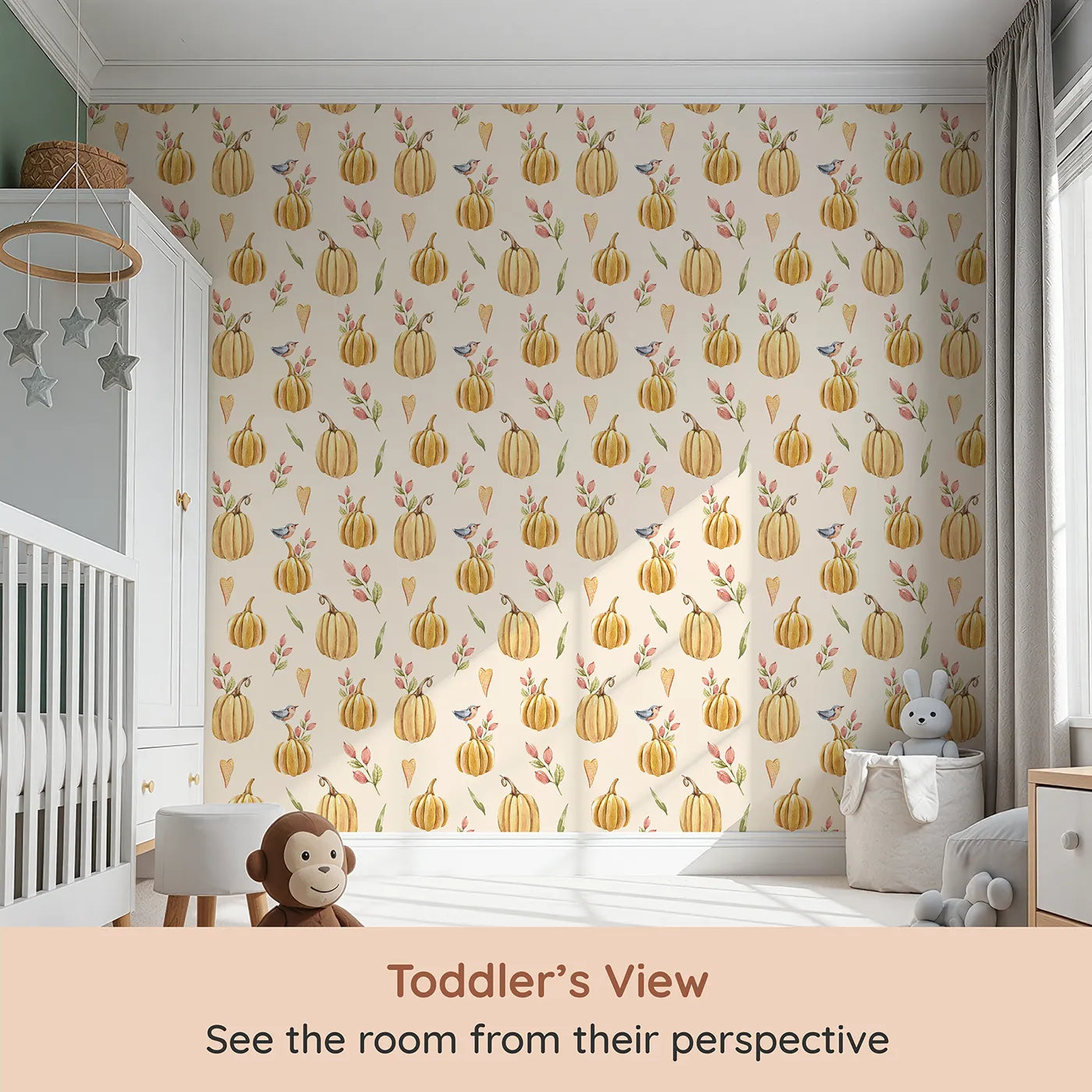 Whimsy Tots Pumpkin Patch Whimsy Wallpaper in Cream (W3254C) from your child's view.Golden pumpkins, tiny birds, and heart leaves brighten every fall morning.