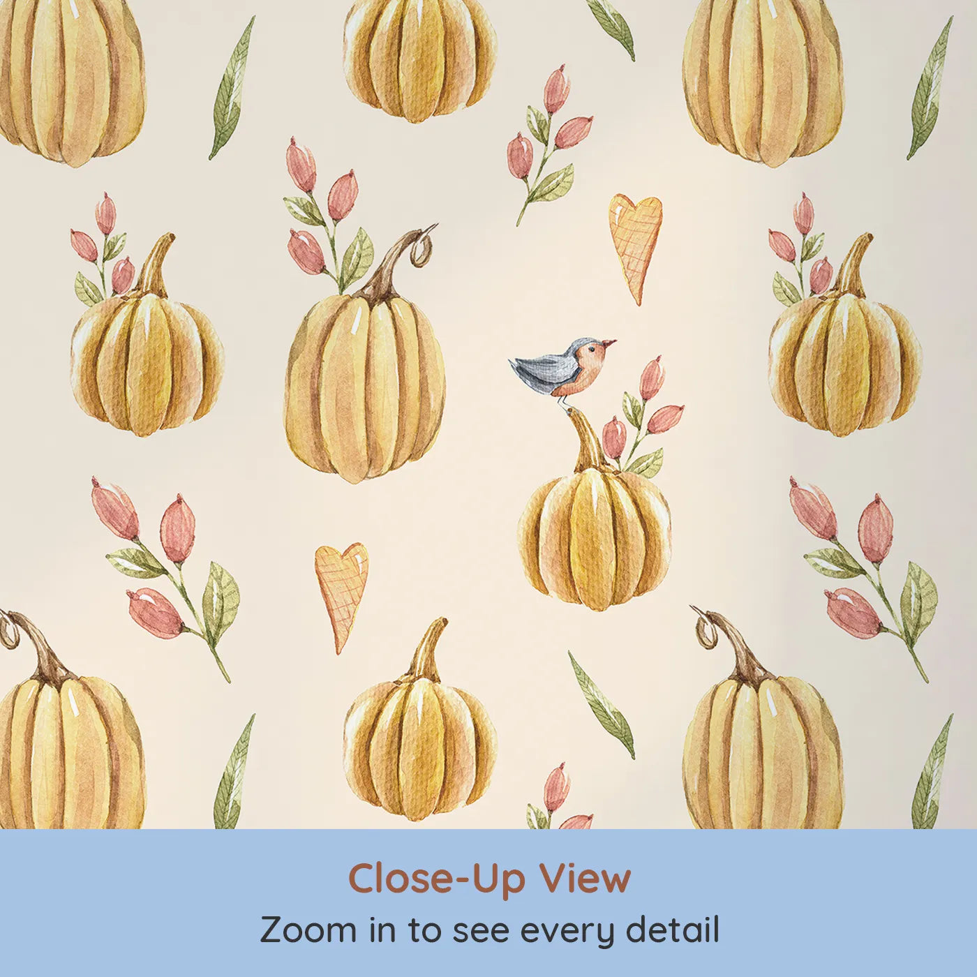 Close-up view of Whimsy Tots' Pumpkin Patch Whimsy Wallpaper in Cream (W3254C).Golden pumpkins, tiny birds, and heart leaves brighten every fall morning.