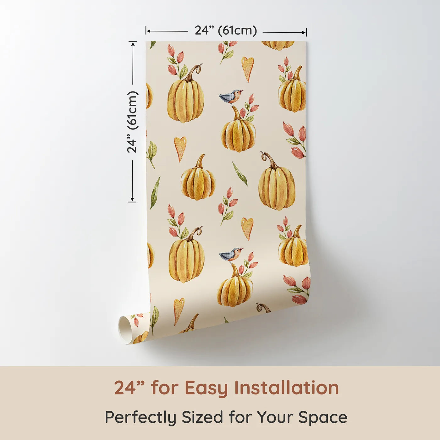 Dimension view of Whimsy Tots Pumpkin Patch Whimsy Wallpaper in Cream (W3254C). Printed in 24-inch-wide panel for easy installation. Golden pumpkins, tiny birds, and heart leaves brighten every fall morning.