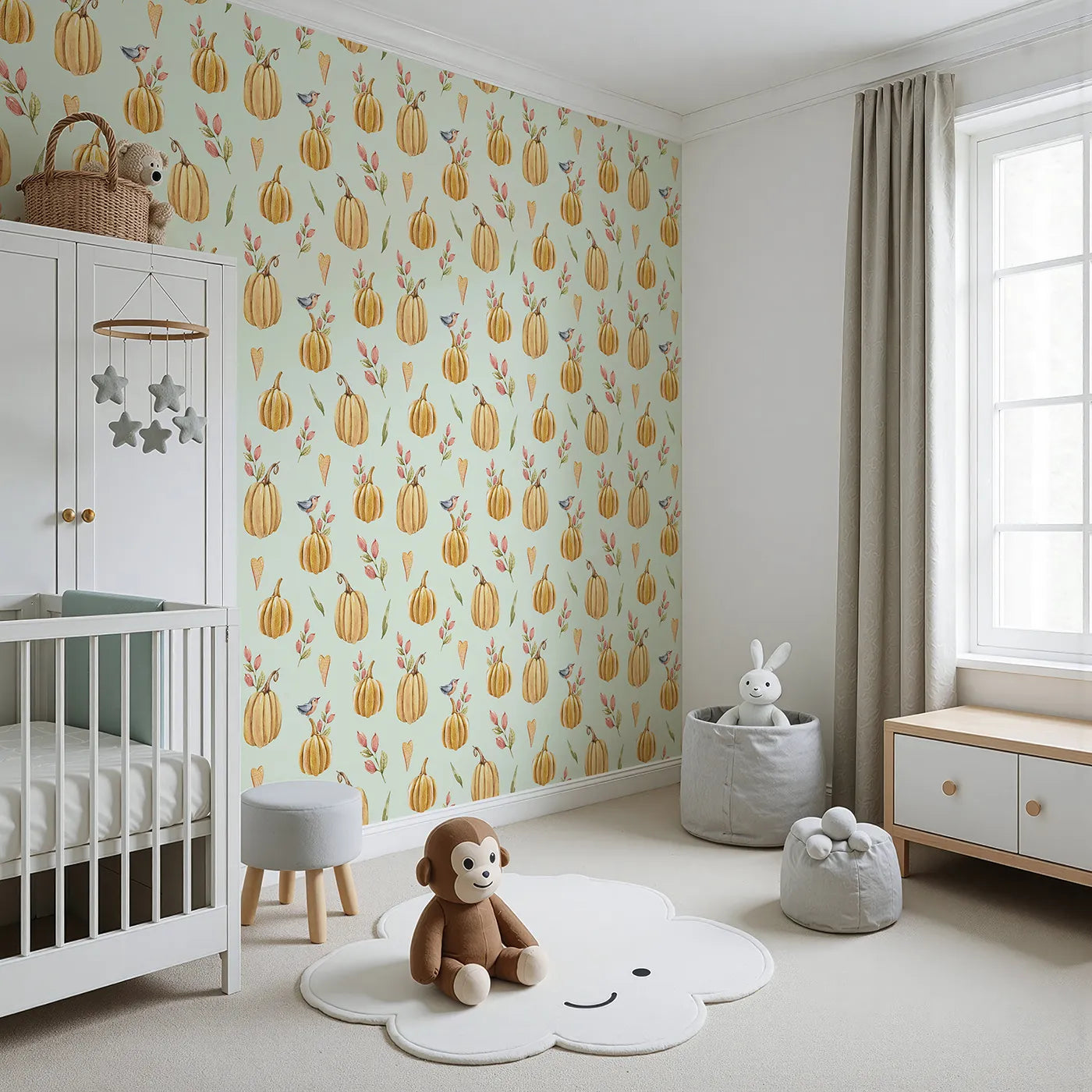 Angled view of Whimsy Tots' Pumpkin Patch Whimsy Wallpaper in Mint Green (W3254D).Golden pumpkins, tiny birds, and heart leaves brighten every fall morning.