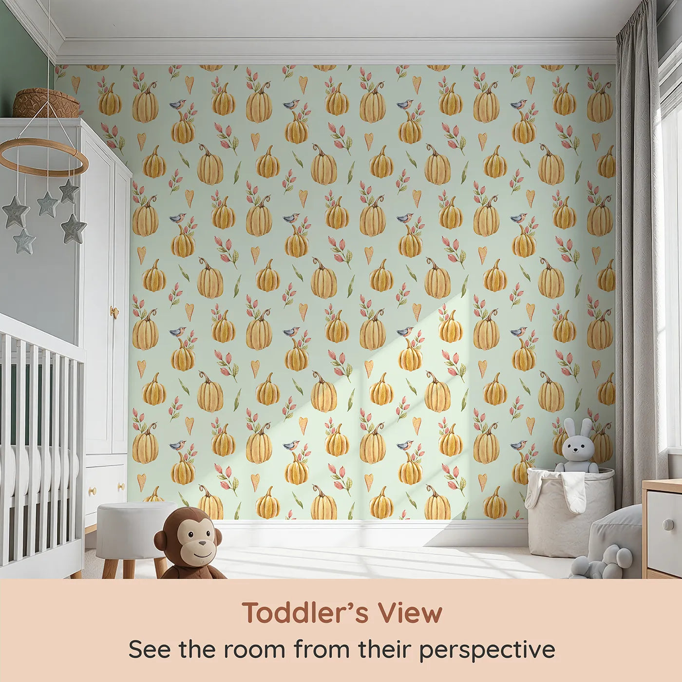 Whimsy Tots Pumpkin Patch Whimsy Wallpaper in Mint Green (W3254D) from your child's view.Golden pumpkins, tiny birds, and heart leaves brighten every fall morning.