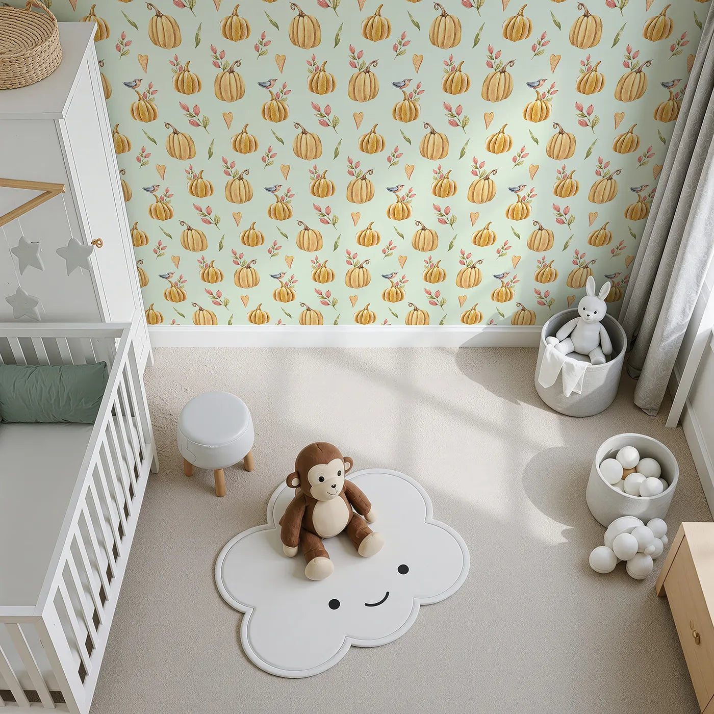 Top-Down view of Whimsy Tots' Pumpkin Patch Whimsy Wallpaper in Mint Green (W3254D).Golden pumpkins, tiny birds, and heart leaves brighten every fall morning.