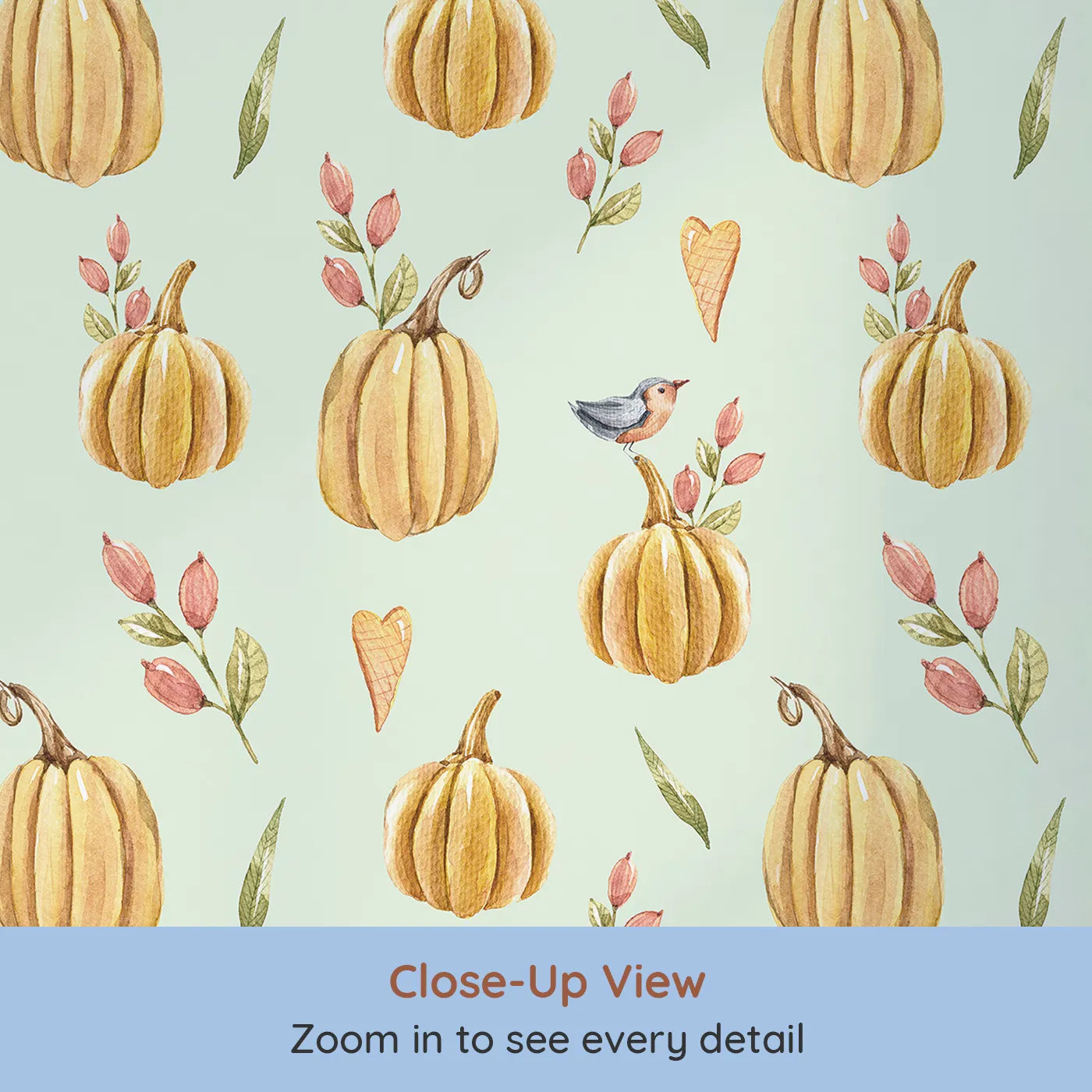 Close-up view of Whimsy Tots' Pumpkin Patch Whimsy Wallpaper in Mint Green (W3254D).Golden pumpkins, tiny birds, and heart leaves brighten every fall morning.