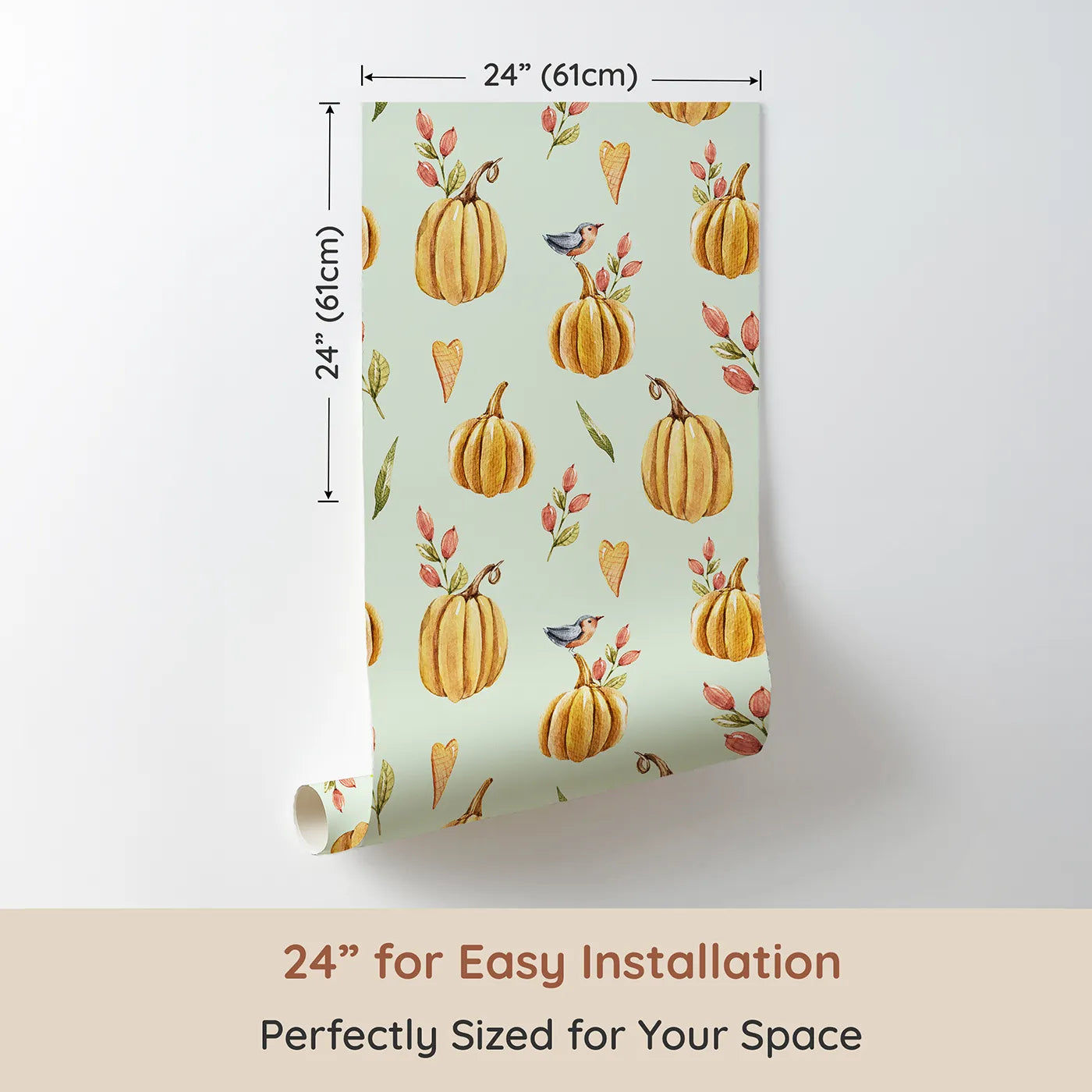 Dimension view of Whimsy Tots Pumpkin Patch Whimsy Wallpaper in Mint Green (W3254D). Printed in 24-inch-wide panel for easy installation. Golden pumpkins, tiny birds, and heart leaves brighten every fall morning.