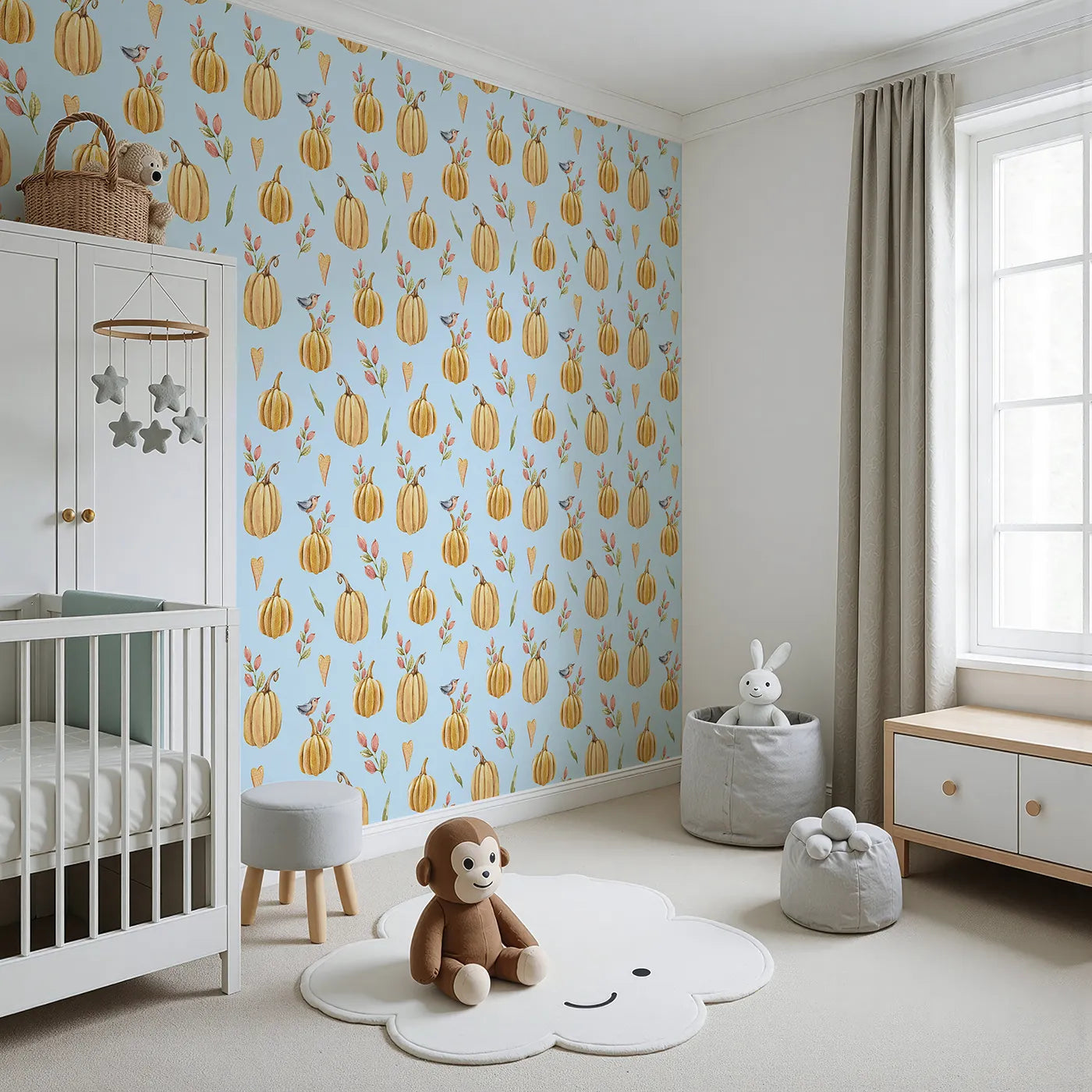 Angled view of Whimsy Tots' Pumpkin Patch Whimsy Wallpaper in Blue (W3254E).Golden pumpkins, tiny birds, and heart leaves brighten every fall morning.