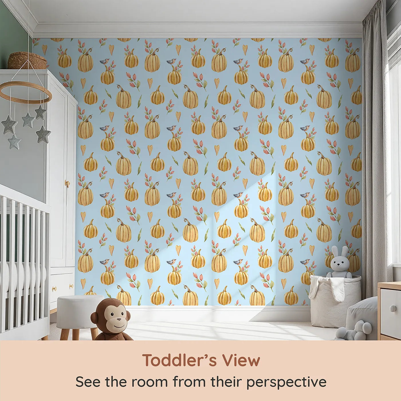Whimsy Tots Pumpkin Patch Whimsy Wallpaper in Blue (W3254E) from your child's view.Golden pumpkins, tiny birds, and heart leaves brighten every fall morning.