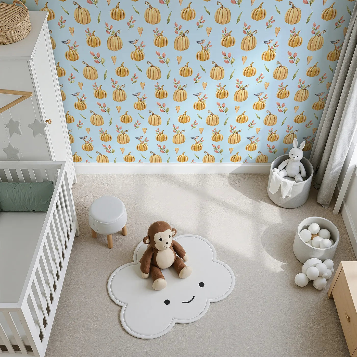 Top-Down view of Whimsy Tots' Pumpkin Patch Whimsy Wallpaper in Blue (W3254E).Golden pumpkins, tiny birds, and heart leaves brighten every fall morning.