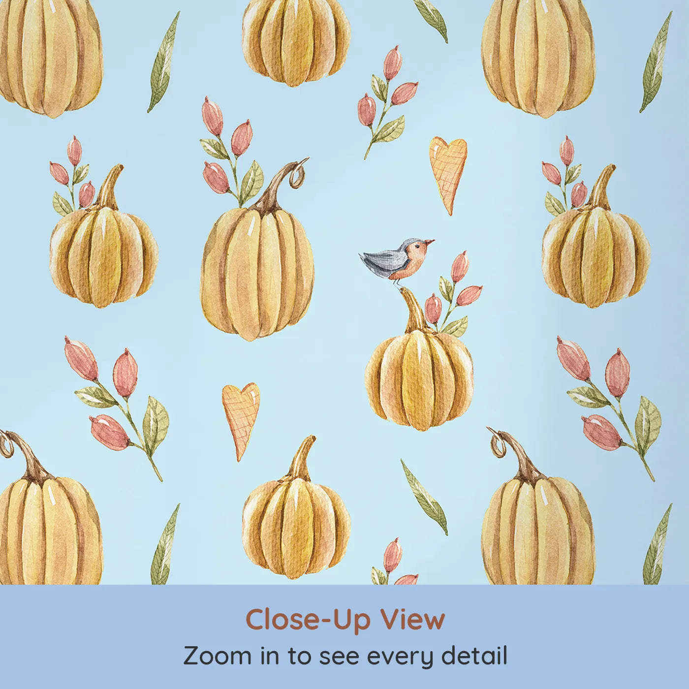 Close-up view of Whimsy Tots' Pumpkin Patch Whimsy Wallpaper in Blue (W3254E).Golden pumpkins, tiny birds, and heart leaves brighten every fall morning.