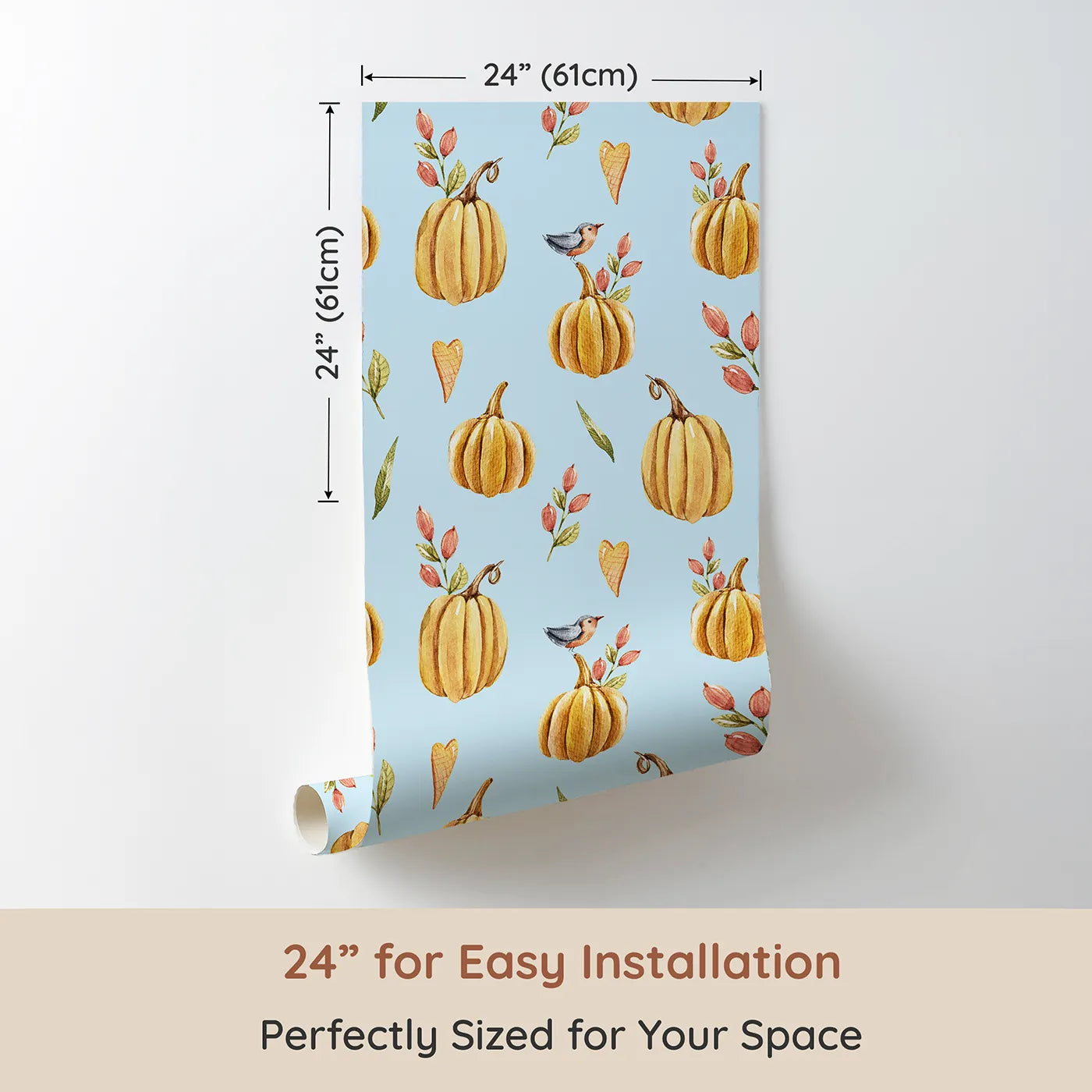 Dimension view of Whimsy Tots Pumpkin Patch Whimsy Wallpaper in Blue (W3254E). Printed in 24-inch-wide panel for easy installation. Golden pumpkins, tiny birds, and heart leaves brighten every fall morning.