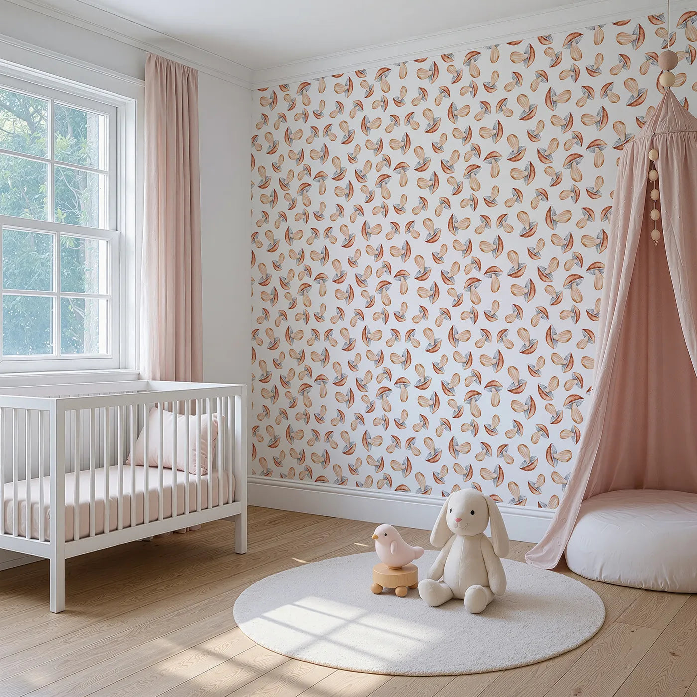 Angled view of Whimsy Tots' Mushroom Meadow Whispers Wallpaper in White (W3255A).Soft mushrooms bloom like forest stories waiting to be told.