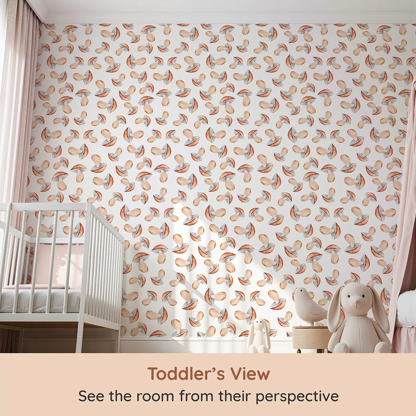 Whimsy Tots Mushroom Meadow Whispers Wallpaper in White (W3255A) from your child's view.Soft mushrooms bloom like forest stories waiting to be told.