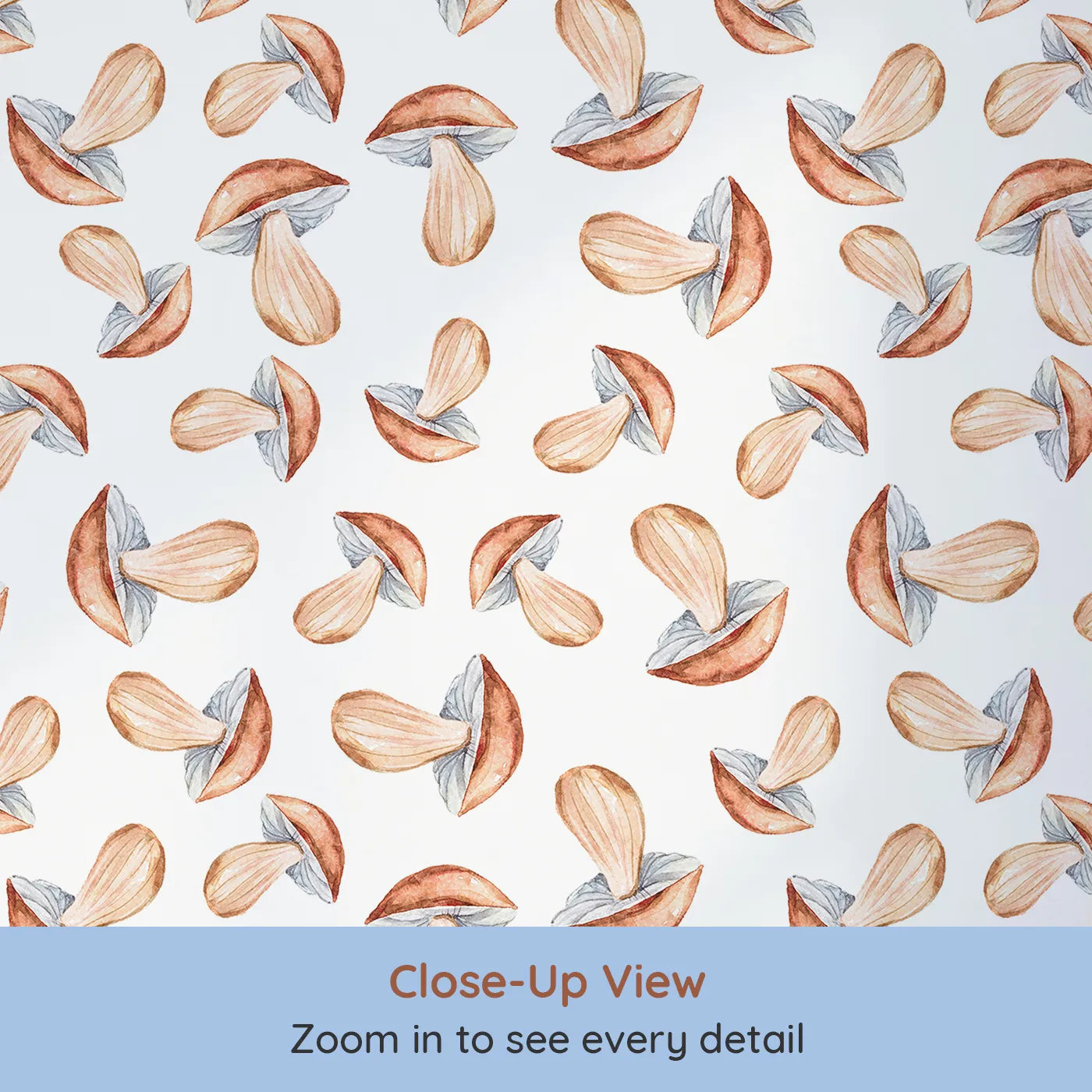 Close-up view of Whimsy Tots' Mushroom Meadow Whispers Wallpaper in White (W3255A).Soft mushrooms bloom like forest stories waiting to be told.