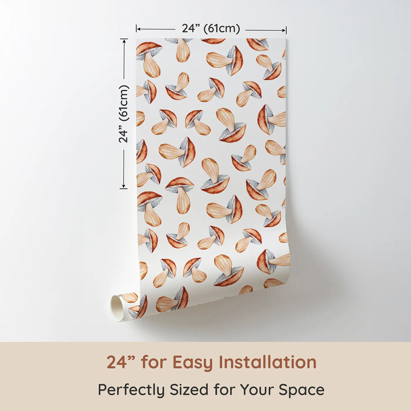 Dimension view of Whimsy Tots Mushroom Meadow Whispers Wallpaper in White (W3255A). Printed in 24-inch-wide panel for easy installation. Soft mushrooms bloom like forest stories waiting to be told.