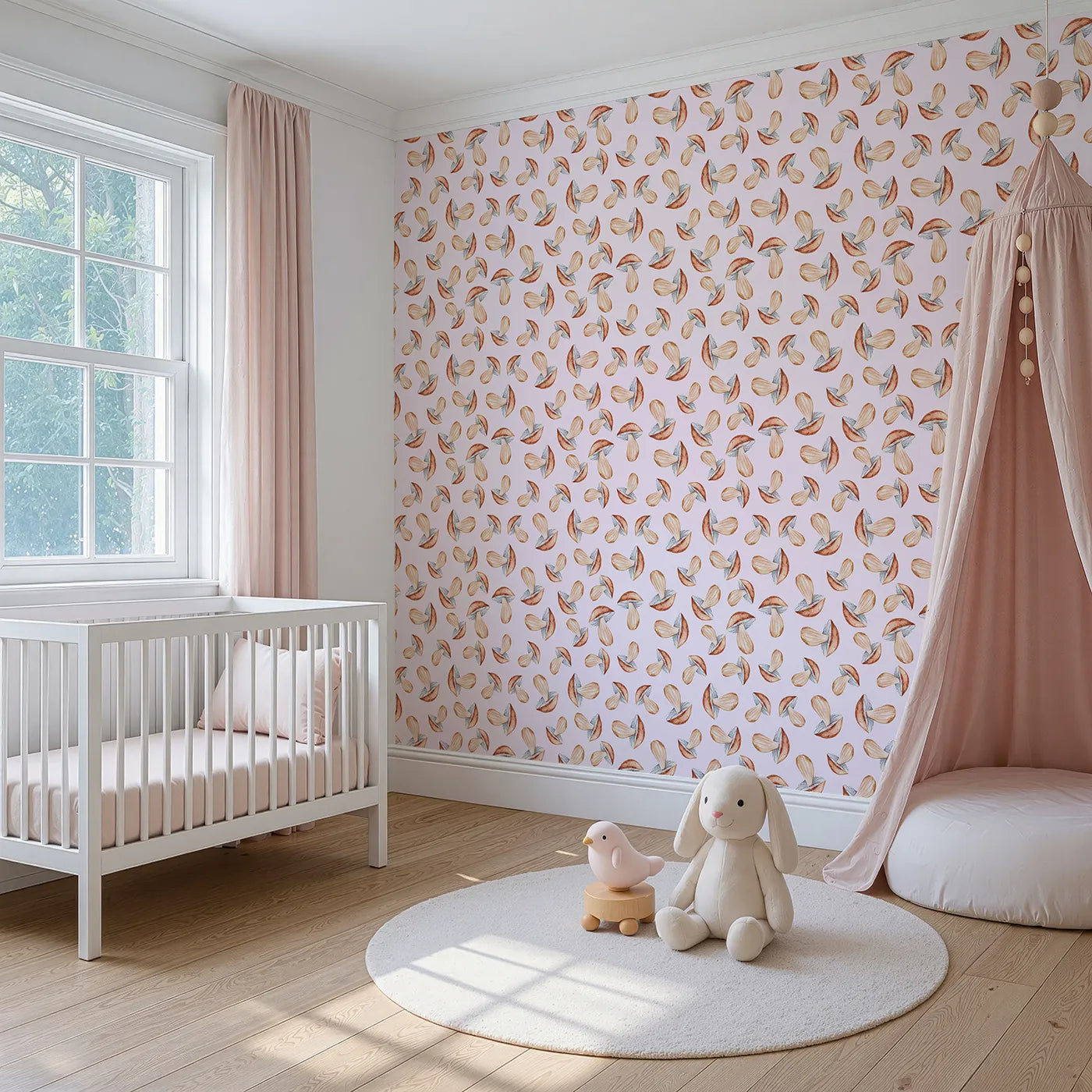 Angled view of Whimsy Tots' Mushroom Meadow Whispers Wallpaper in Blush Pink (W3255B).Soft mushrooms bloom like forest stories waiting to be told.