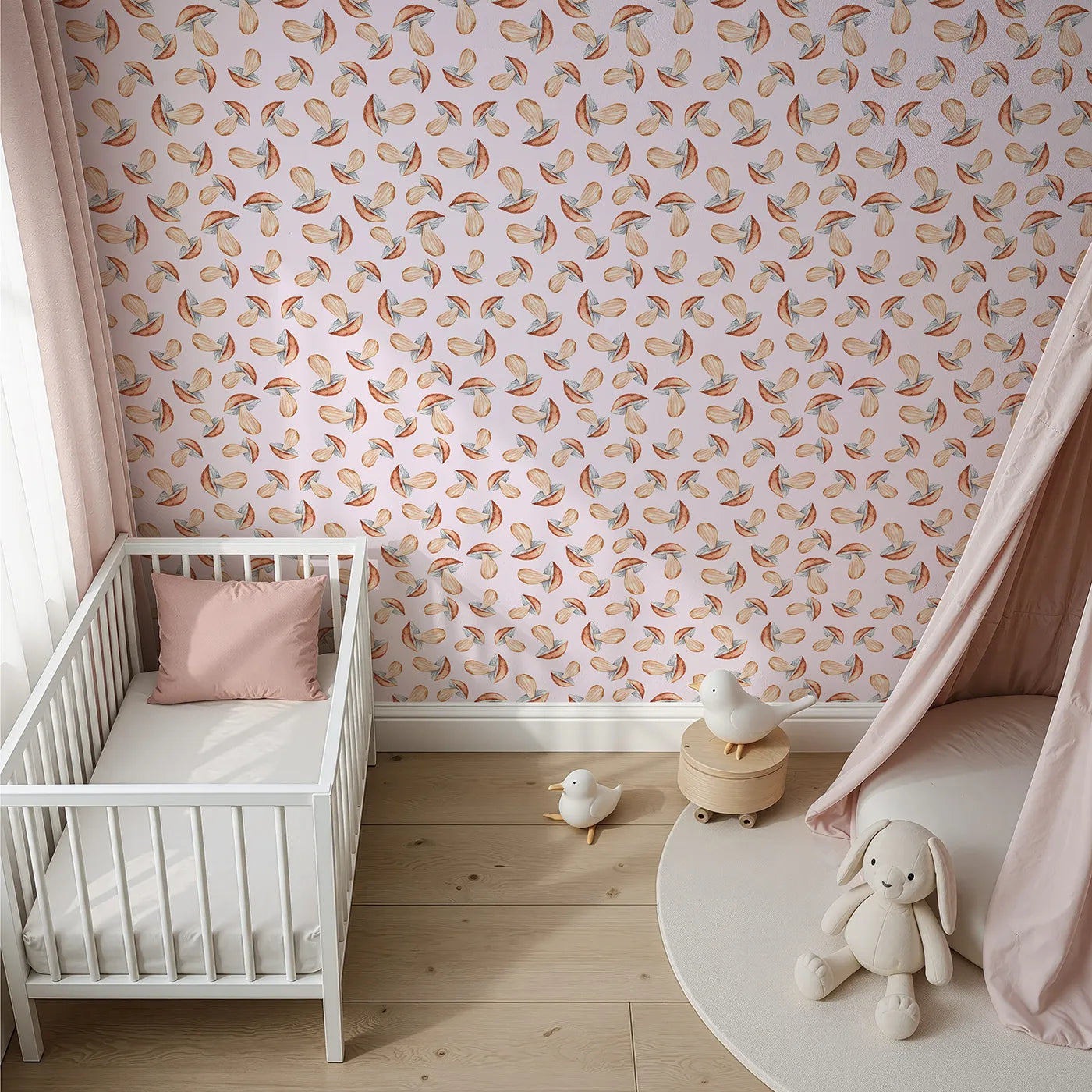 Top-Down view of Whimsy Tots' Mushroom Meadow Whispers Wallpaper in Blush Pink (W3255B).Soft mushrooms bloom like forest stories waiting to be told.