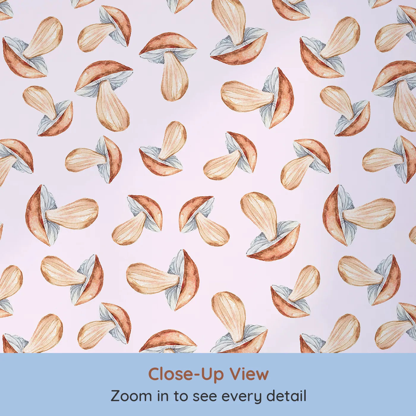 Close-up view of Whimsy Tots' Mushroom Meadow Whispers Wallpaper in Blush Pink (W3255B).Soft mushrooms bloom like forest stories waiting to be told.