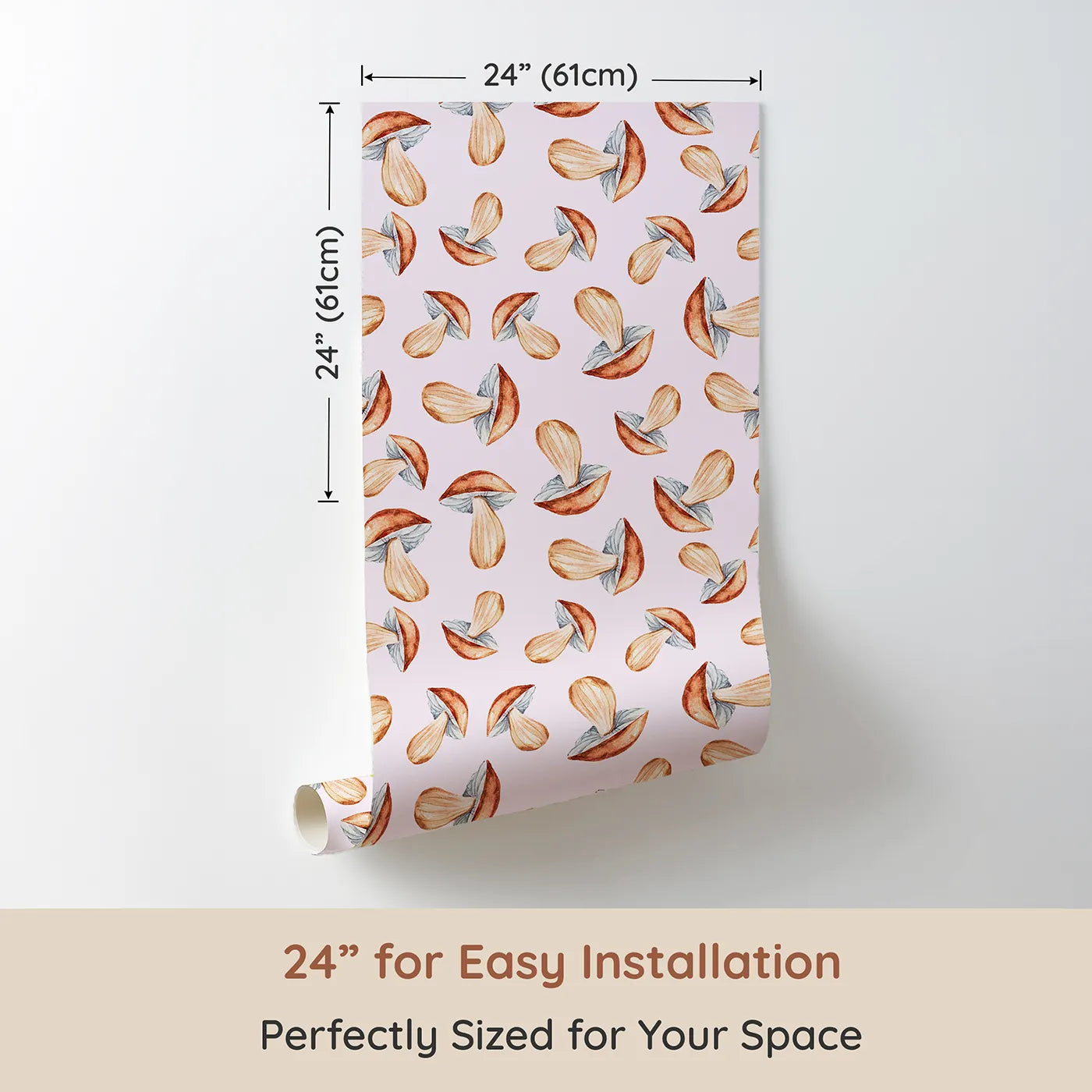 Dimension view of Whimsy Tots Mushroom Meadow Whispers Wallpaper in Blush Pink (W3255B). Printed in 24-inch-wide panel for easy installation. Soft mushrooms bloom like forest stories waiting to be told.