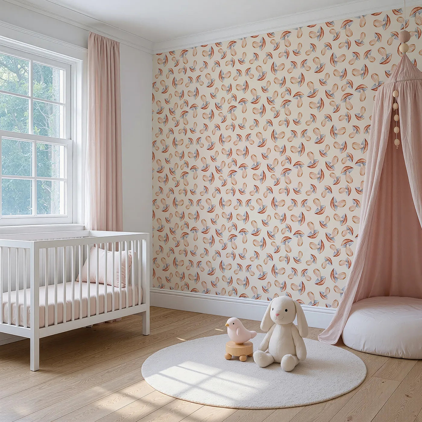 Angled view of Whimsy Tots' Mushroom Meadow Whispers Wallpaper in Cream (W3255C).Soft mushrooms bloom like forest stories waiting to be told.