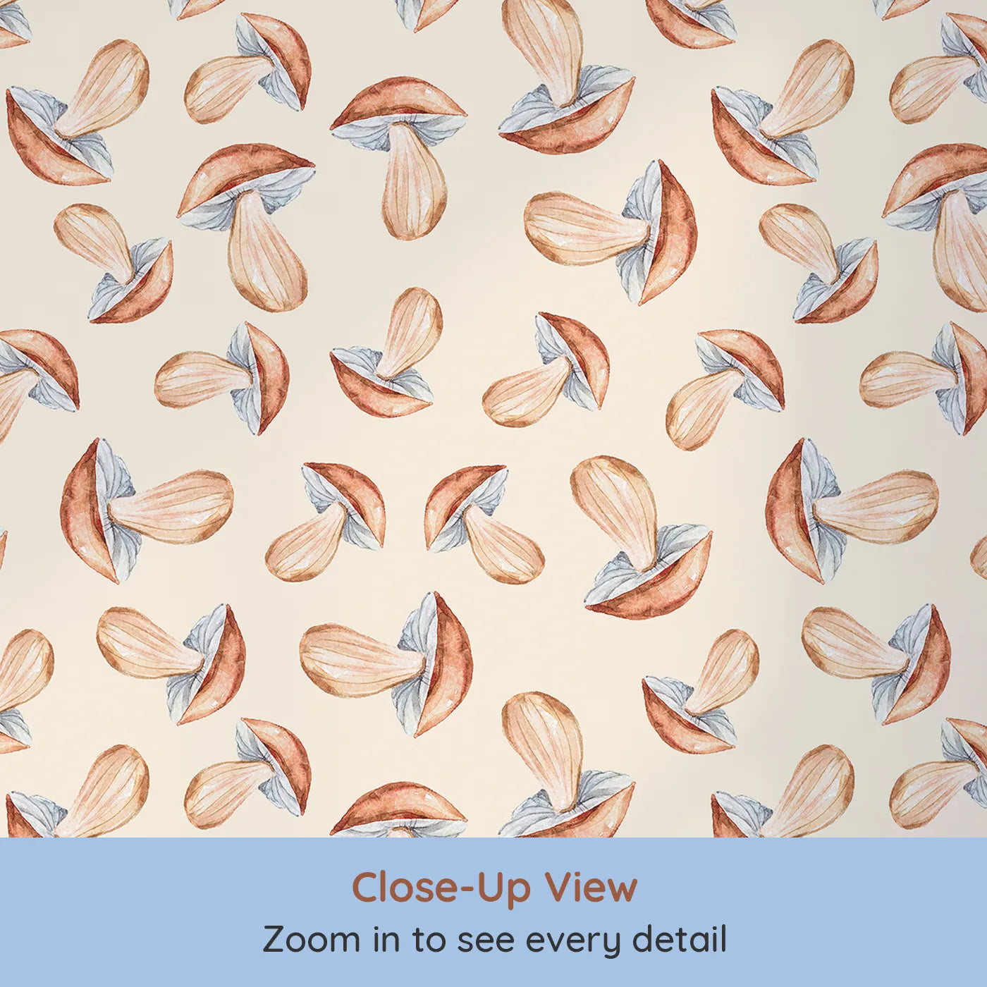 Close-up view of Whimsy Tots' Mushroom Meadow Whispers Wallpaper in Cream (W3255C).Soft mushrooms bloom like forest stories waiting to be told.