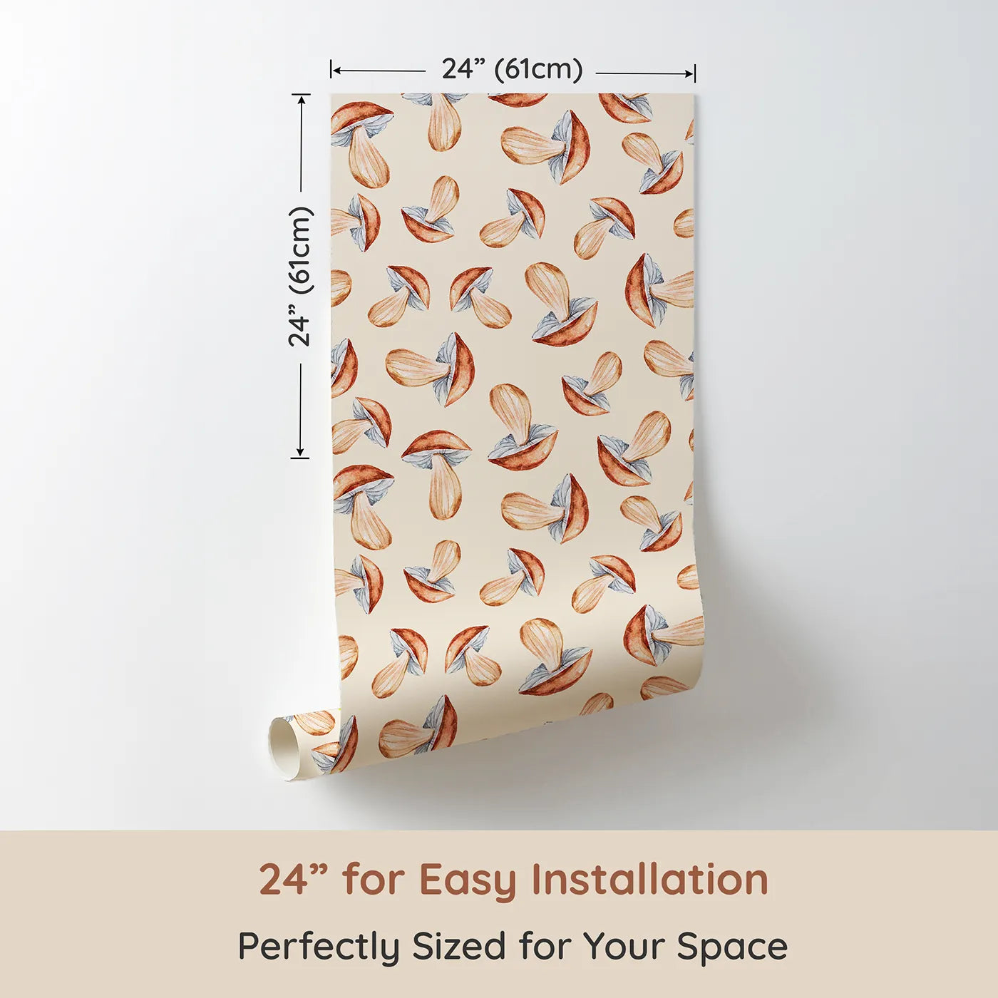 Dimension view of Whimsy Tots Mushroom Meadow Whispers Wallpaper in Cream (W3255C). Printed in 24-inch-wide panel for easy installation. Soft mushrooms bloom like forest stories waiting to be told.