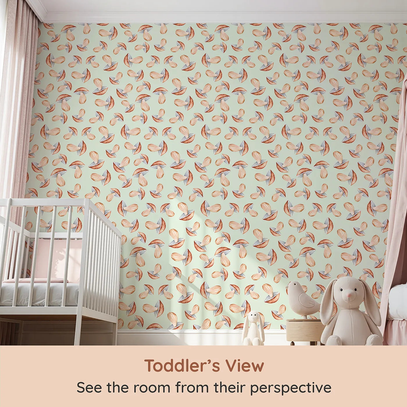 Whimsy Tots Mushroom Meadow Whispers Wallpaper in Mint Green (W3255D) from your child's view.Soft mushrooms bloom like forest stories waiting to be told.