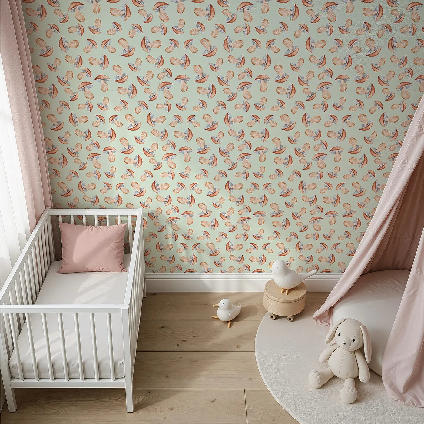 Top-Down view of Whimsy Tots' Mushroom Meadow Whispers Wallpaper in Mint Green (W3255D).Soft mushrooms bloom like forest stories waiting to be told.