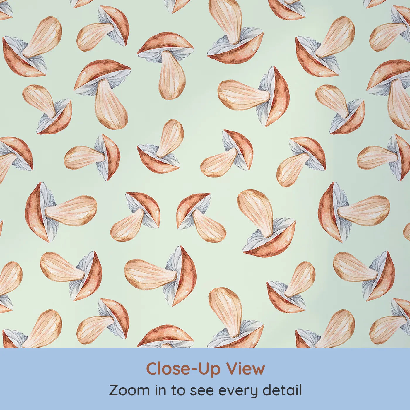 Close-up view of Whimsy Tots' Mushroom Meadow Whispers Wallpaper in Mint Green (W3255D).Soft mushrooms bloom like forest stories waiting to be told.
