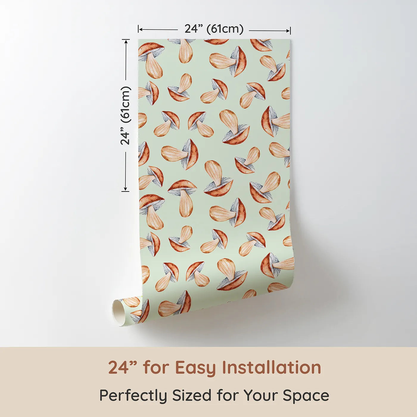 Dimension view of Whimsy Tots Mushroom Meadow Whispers Wallpaper in Mint Green (W3255D). Printed in 24-inch-wide panel for easy installation. Soft mushrooms bloom like forest stories waiting to be told.