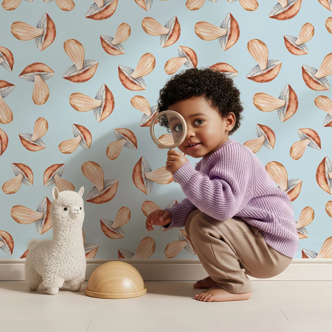 Lovely child standing in front of Whimsy Tots Mushroom Meadow Whispers Wallpaper in Sky with mushroom in design.