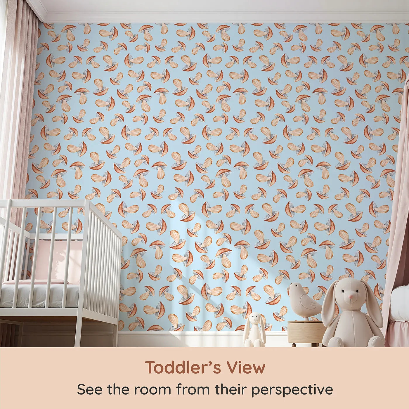 Whimsy Tots Mushroom Meadow Whispers Wallpaper in Sky (W3255E) from your child's view.Soft mushrooms bloom like forest stories waiting to be told.