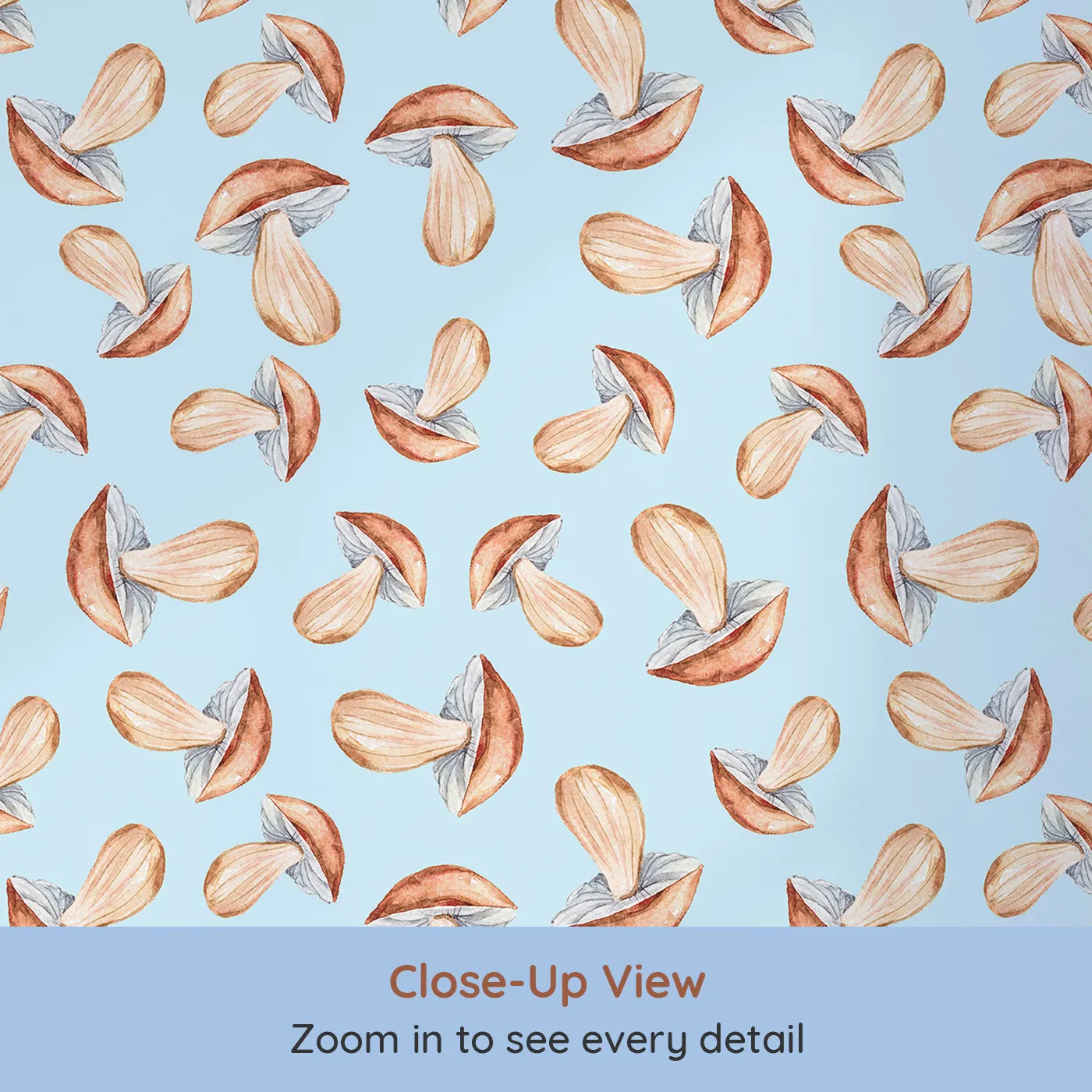 Close-up view of Whimsy Tots' Mushroom Meadow Whispers Wallpaper in Sky (W3255E).Soft mushrooms bloom like forest stories waiting to be told.