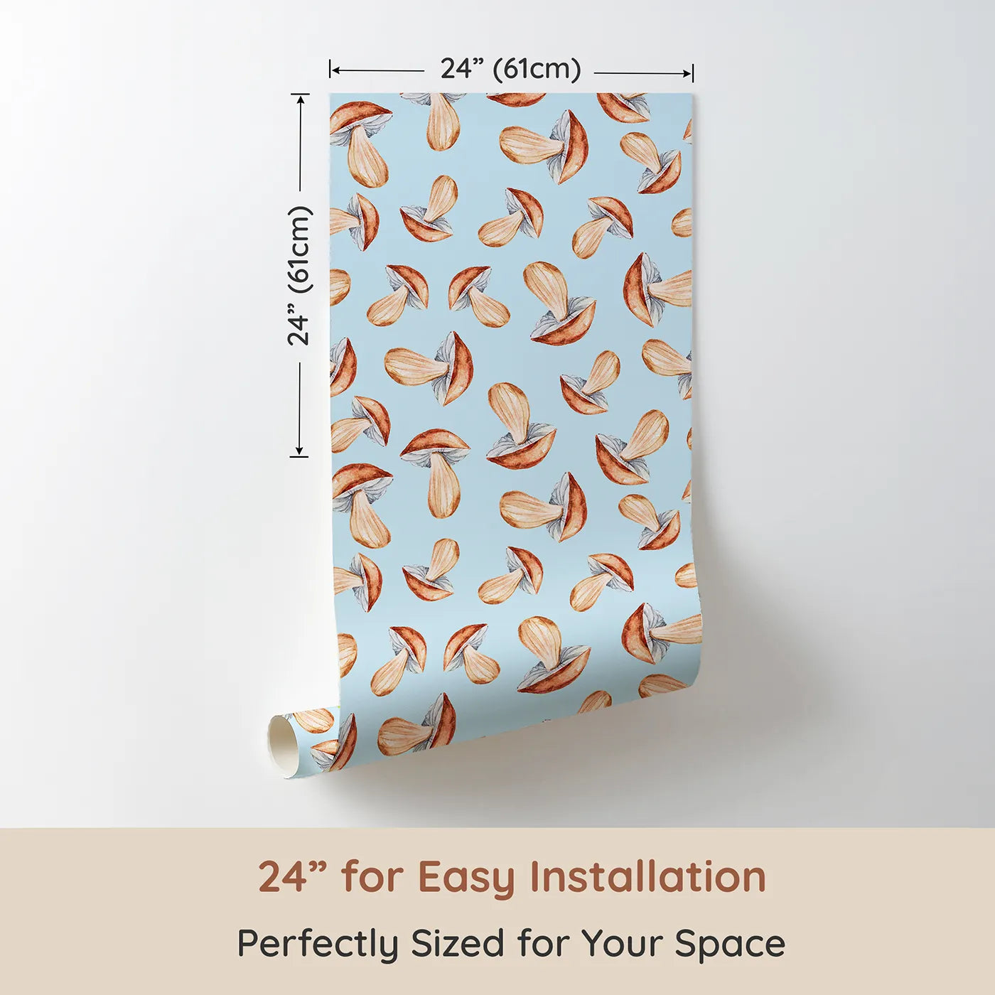 Dimension view of Whimsy Tots Mushroom Meadow Whispers Wallpaper in Sky (W3255E). Printed in 24-inch-wide panel for easy installation. Soft mushrooms bloom like forest stories waiting to be told.