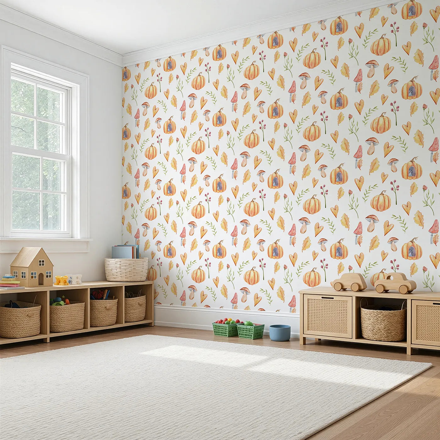 Angled view of Whimsy Tots' Pumpkin Heart Harvest Wallpaper in White (W3256A).Pumpkins and hearts sprinkle seasonal cheer.