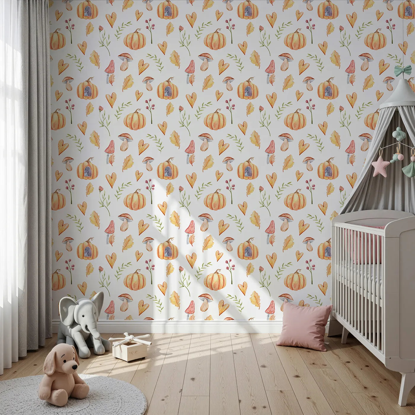Front view of Whimsy Tots' Pumpkin Heart Harvest Wallpaper in White