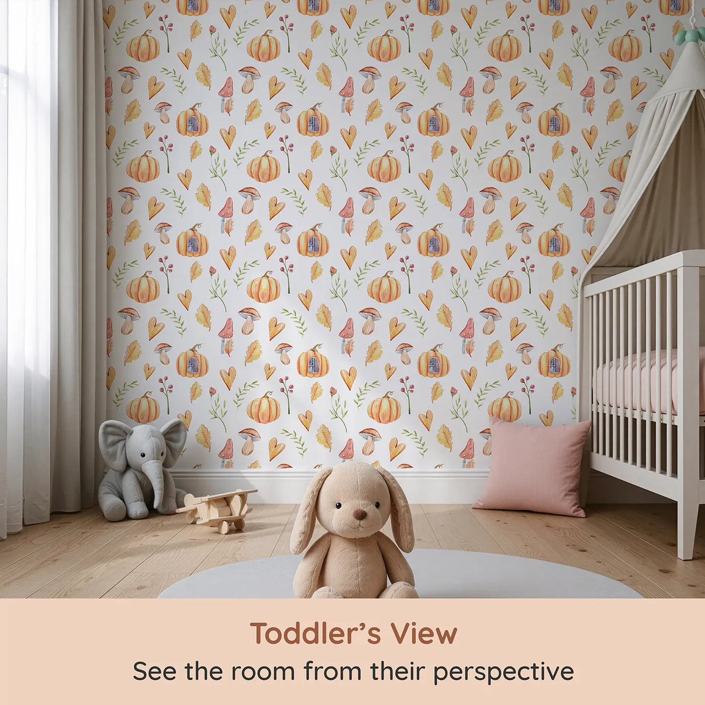 Whimsy Tots Pumpkin Heart Harvest Wallpaper in White (W3256A) from your child's view.Pumpkins and hearts sprinkle seasonal cheer.
