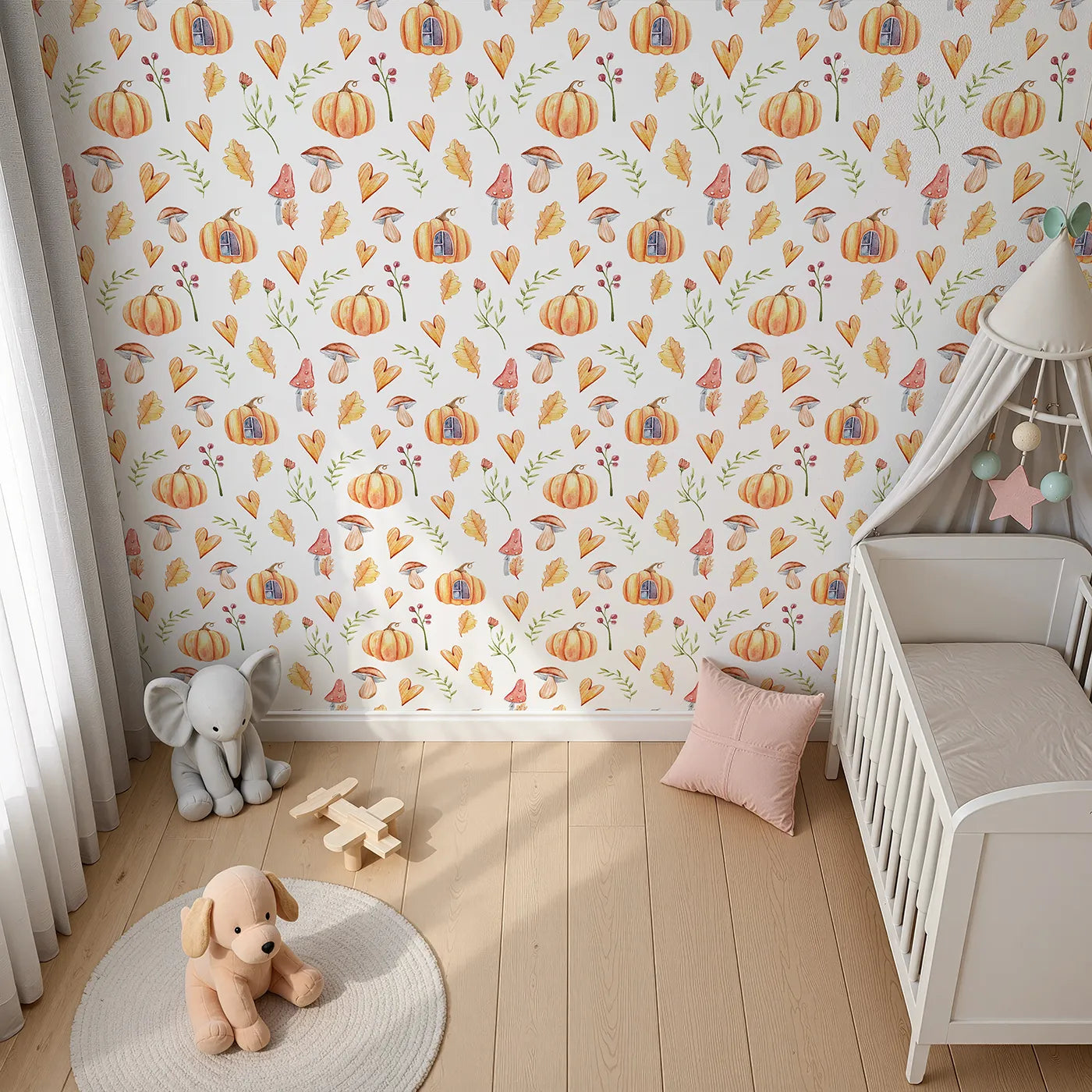 Top-Down view of Whimsy Tots' Pumpkin Heart Harvest Wallpaper in White (W3256A).Pumpkins and hearts sprinkle seasonal cheer.