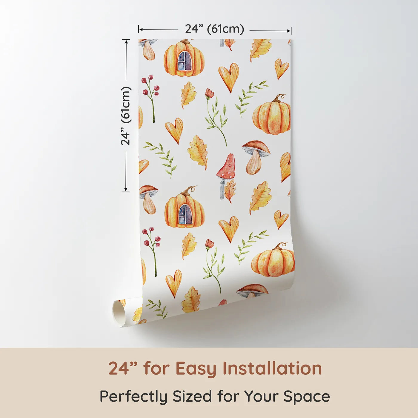 Dimension view of Whimsy Tots Pumpkin Heart Harvest Wallpaper in White (W3256A). Printed in 24-inch-wide panel for easy installation. Pumpkins and hearts sprinkle seasonal cheer.