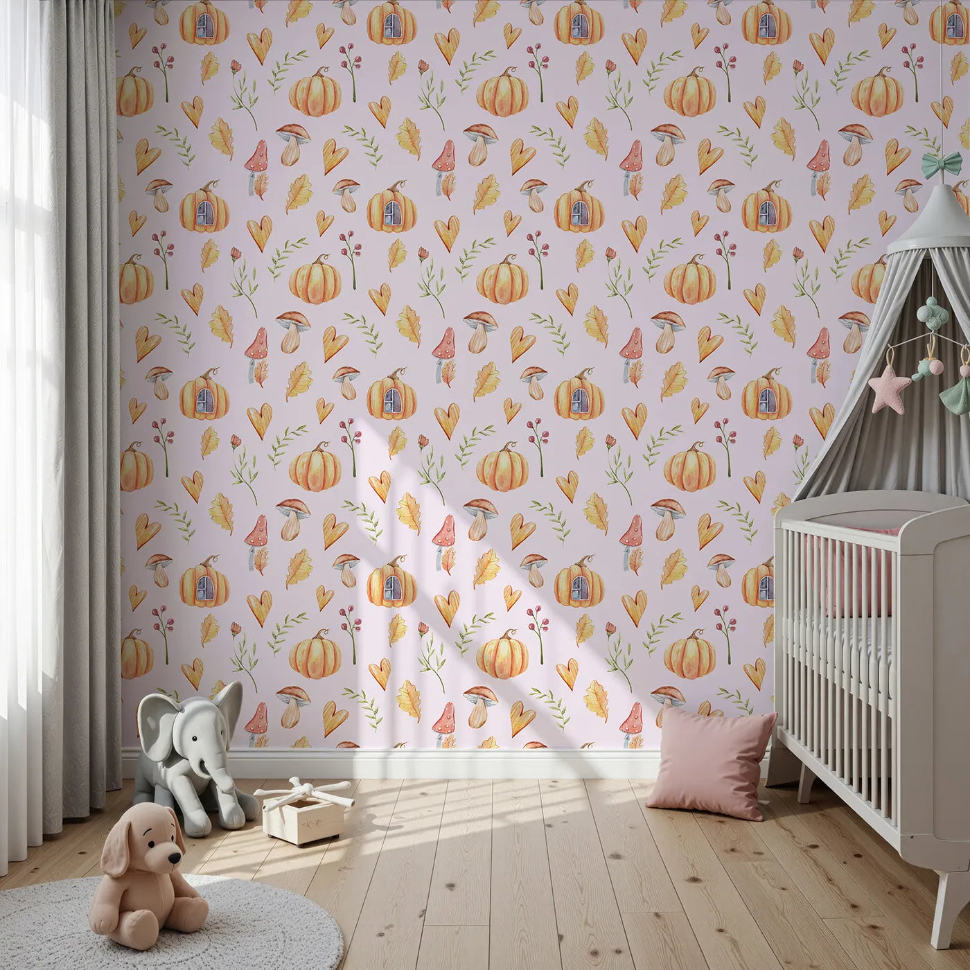 Front view of Whimsy Tots' Pumpkin Heart Harvest Wallpaper in Blush Pink